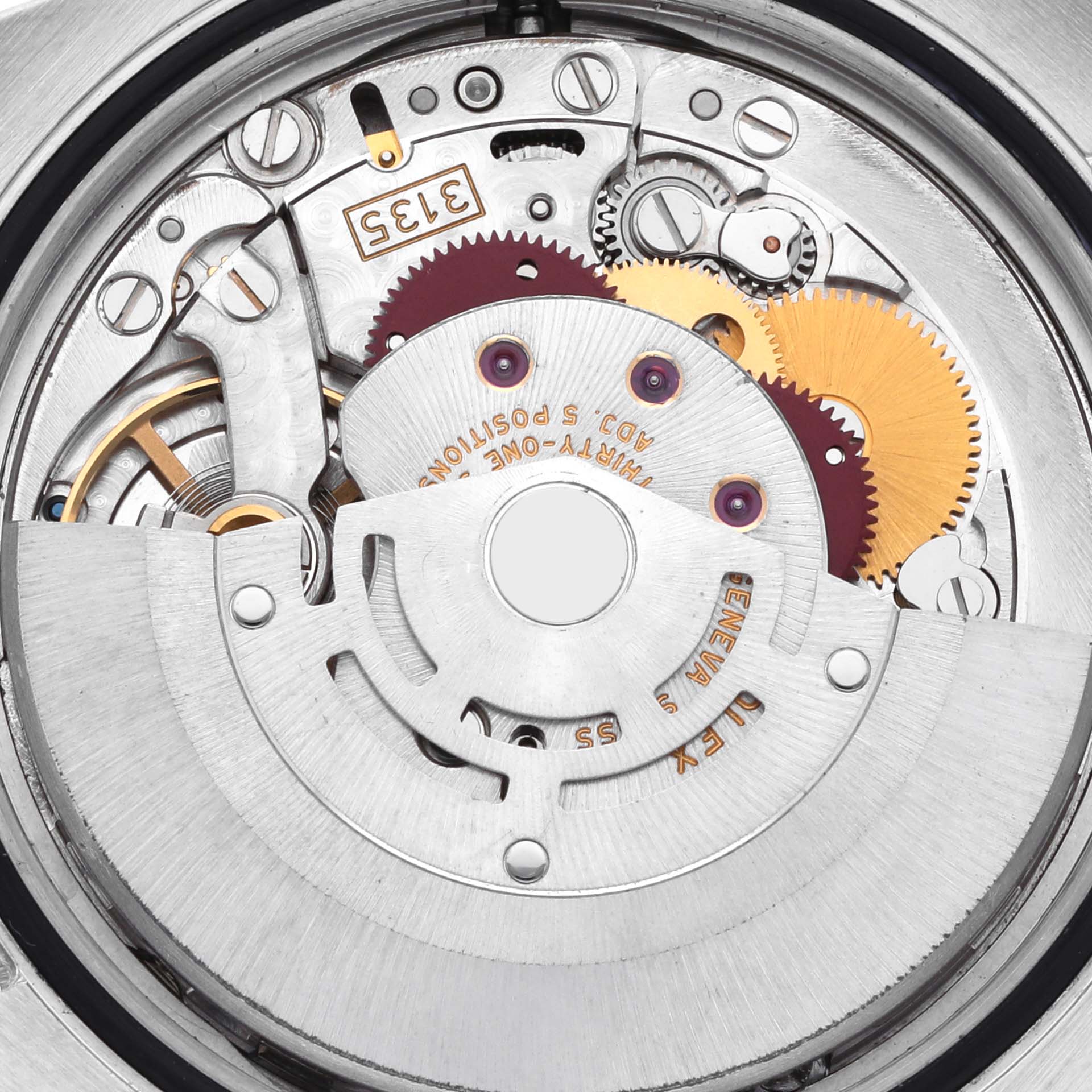 This image shows the internal movement of a Rolex Datejust 116233 Men's Steel and Gold (two tone) Silver Dial 116233 Men's Steel and Gold (two tone) Silver Dial watch from a top-down angle, highlighting gears and mechanisms.