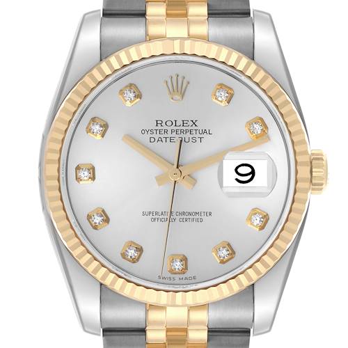 The Rolex Datejust watch is shown from a front angle, highlighting the dial, bezel, crown, and part of the bracelet.