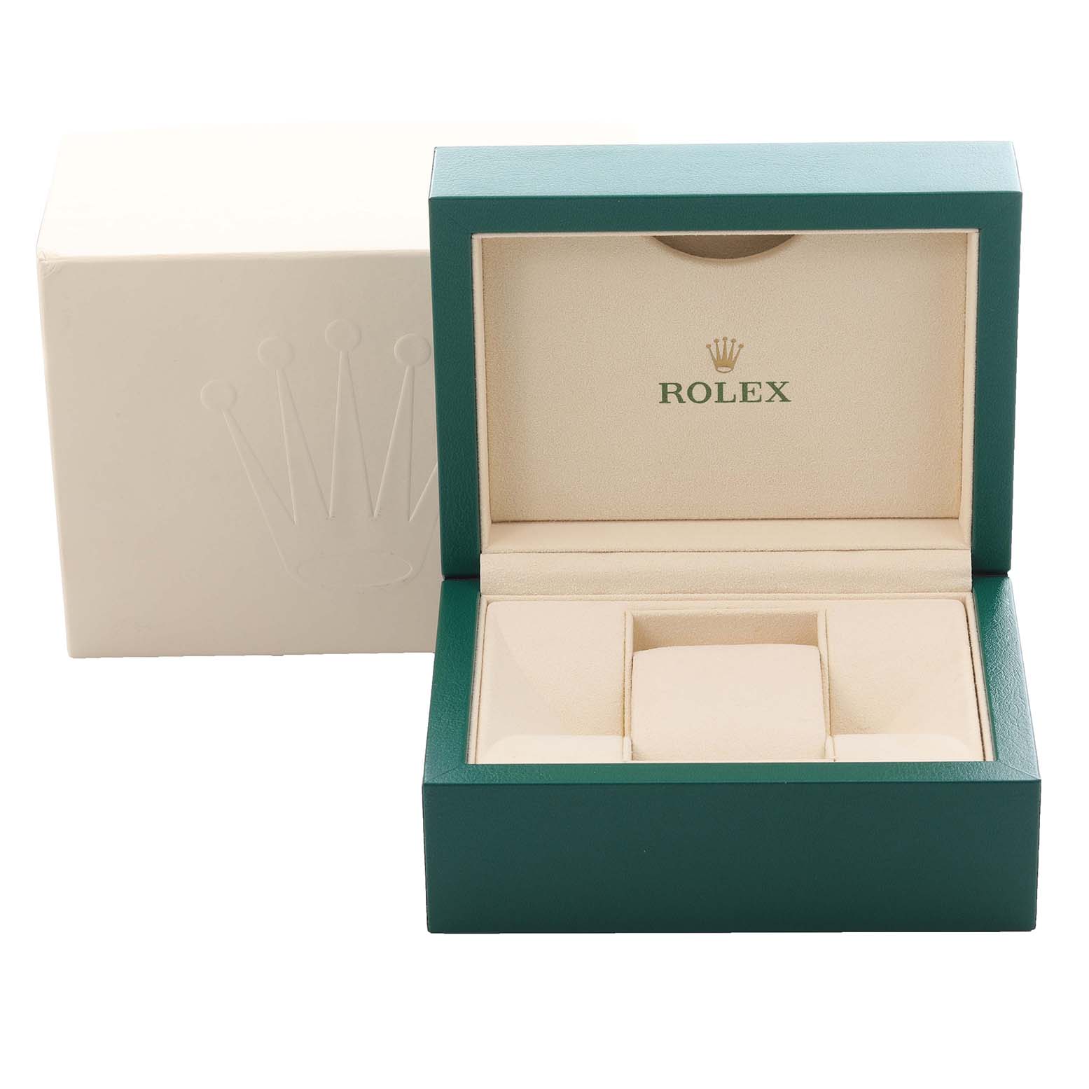 The image shows a Rolex Datejust 116233 Men's Steel and Gold (two tone) Silver Dial 116233 Men's Steel and Gold (two tone) Silver Dial watch box, open, revealing a green and beige interior with no watch inside.