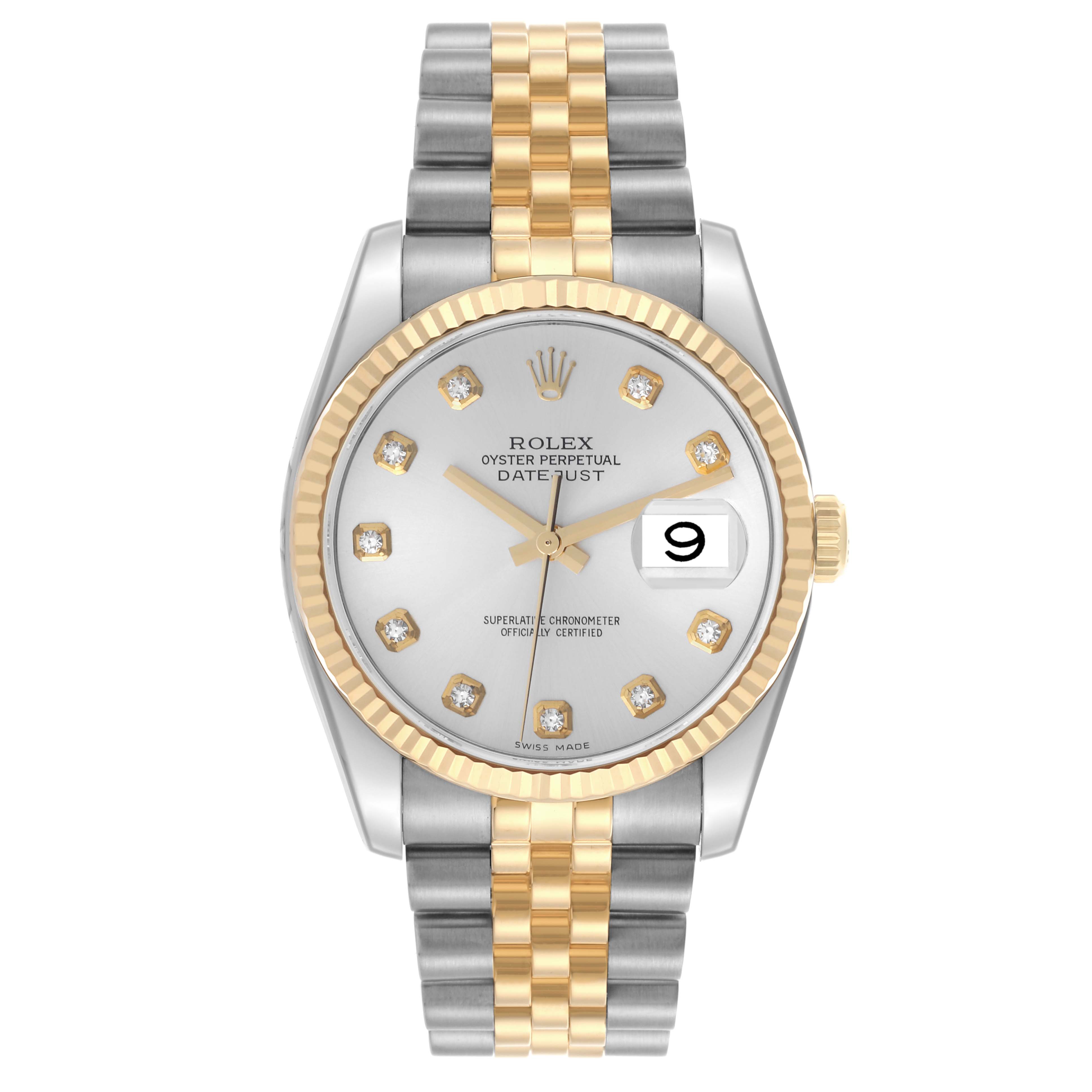 The Rolex Datejust 116233 Men's Steel and Gold (two tone) Silver Dial 116233 Men's Steel and Gold (two tone) Silver Dial watch is shown from a front angle, displaying its two-tone bracelet, fluted bezel, and diamond hour markers.