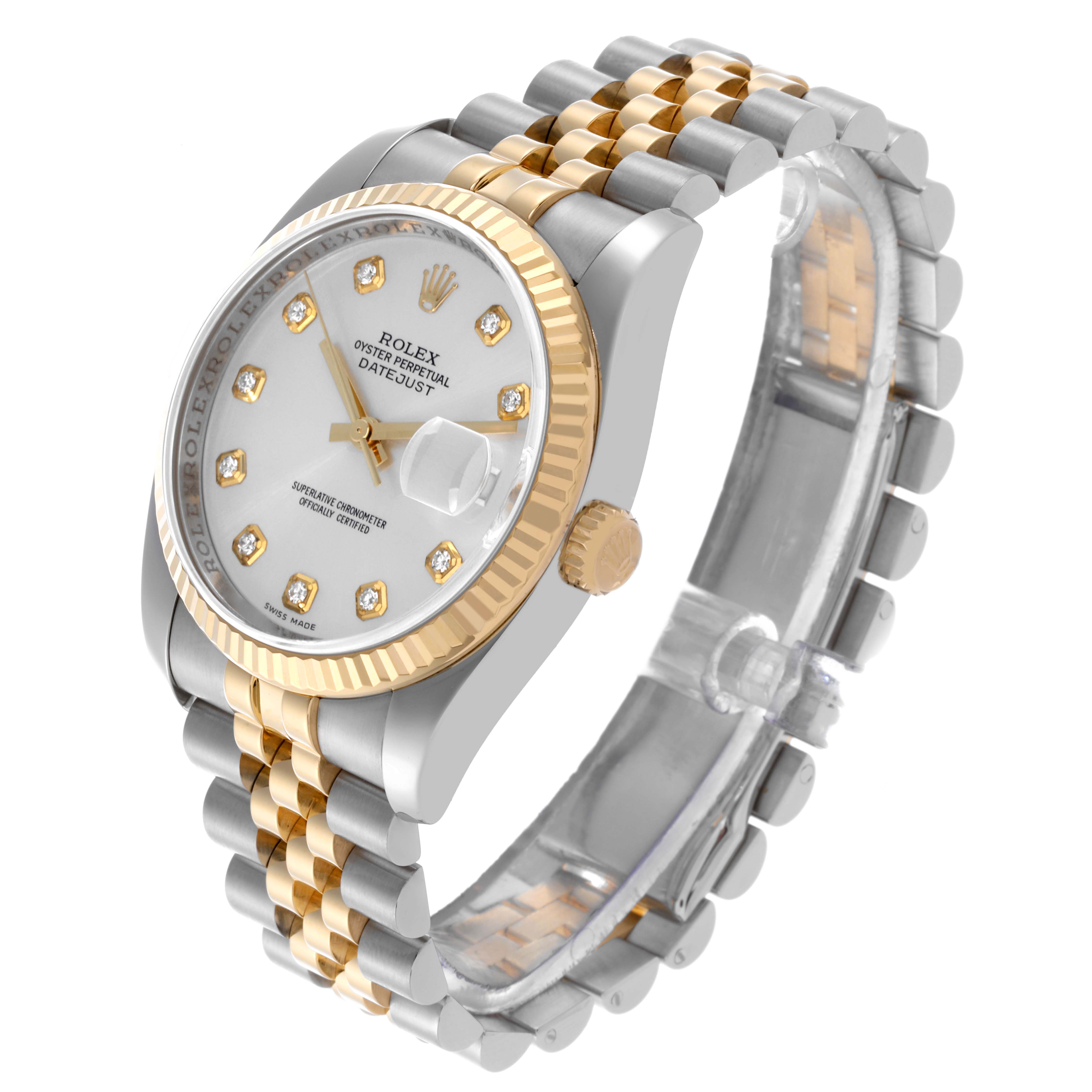 The Rolex Datejust 116233 Men's Steel and Gold (two tone) Silver Dial 116233 Men's Steel and Gold (two tone) Silver Dial is shown at a slight angle, displaying the watch face, crown, and two-tone bracelet.