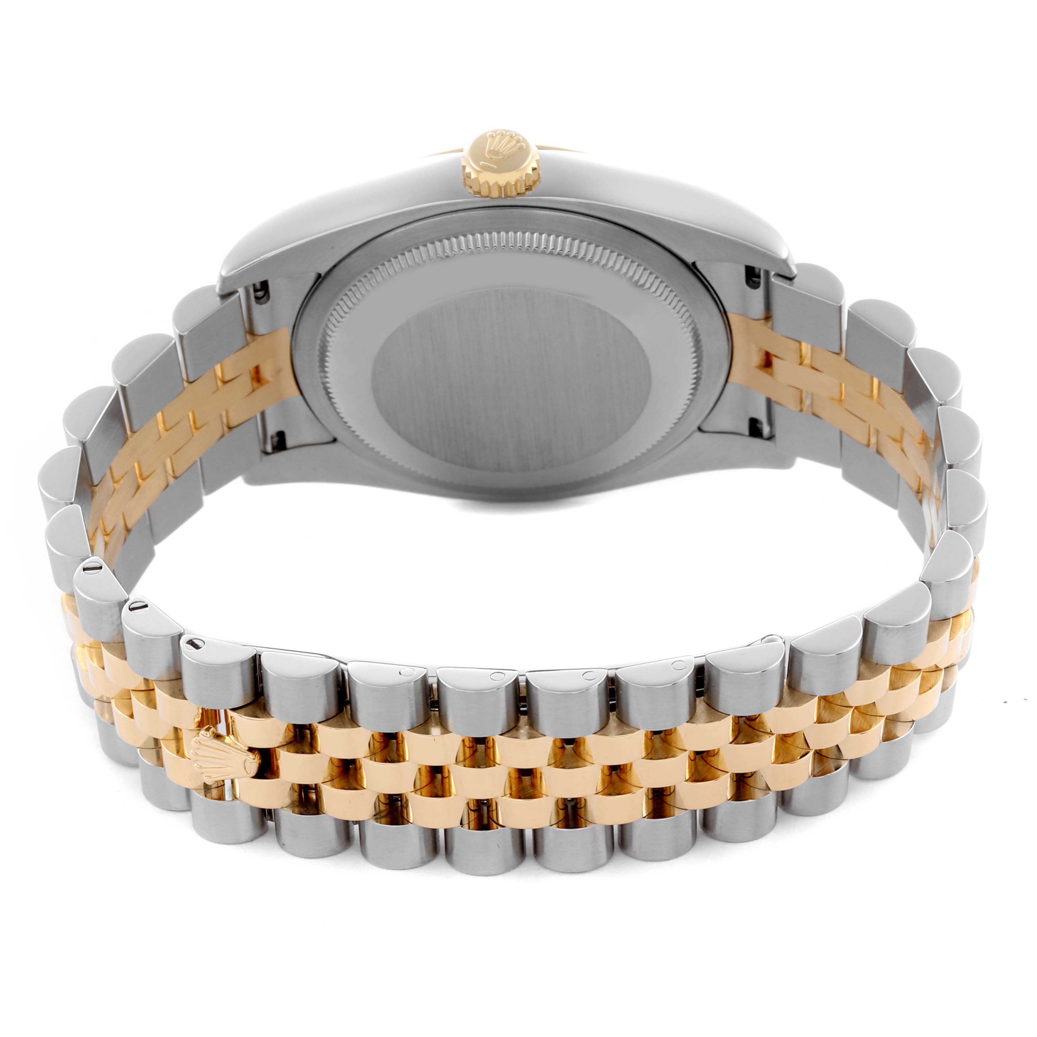 The Rolex Datejust 116233 Men's Steel and Gold (two tone) Silver Dial 116233 Men's Steel and Gold (two tone) Silver Dial watch is shown from the back, highlighting the case back and Jubilee bracelet with its gold and silver links.
