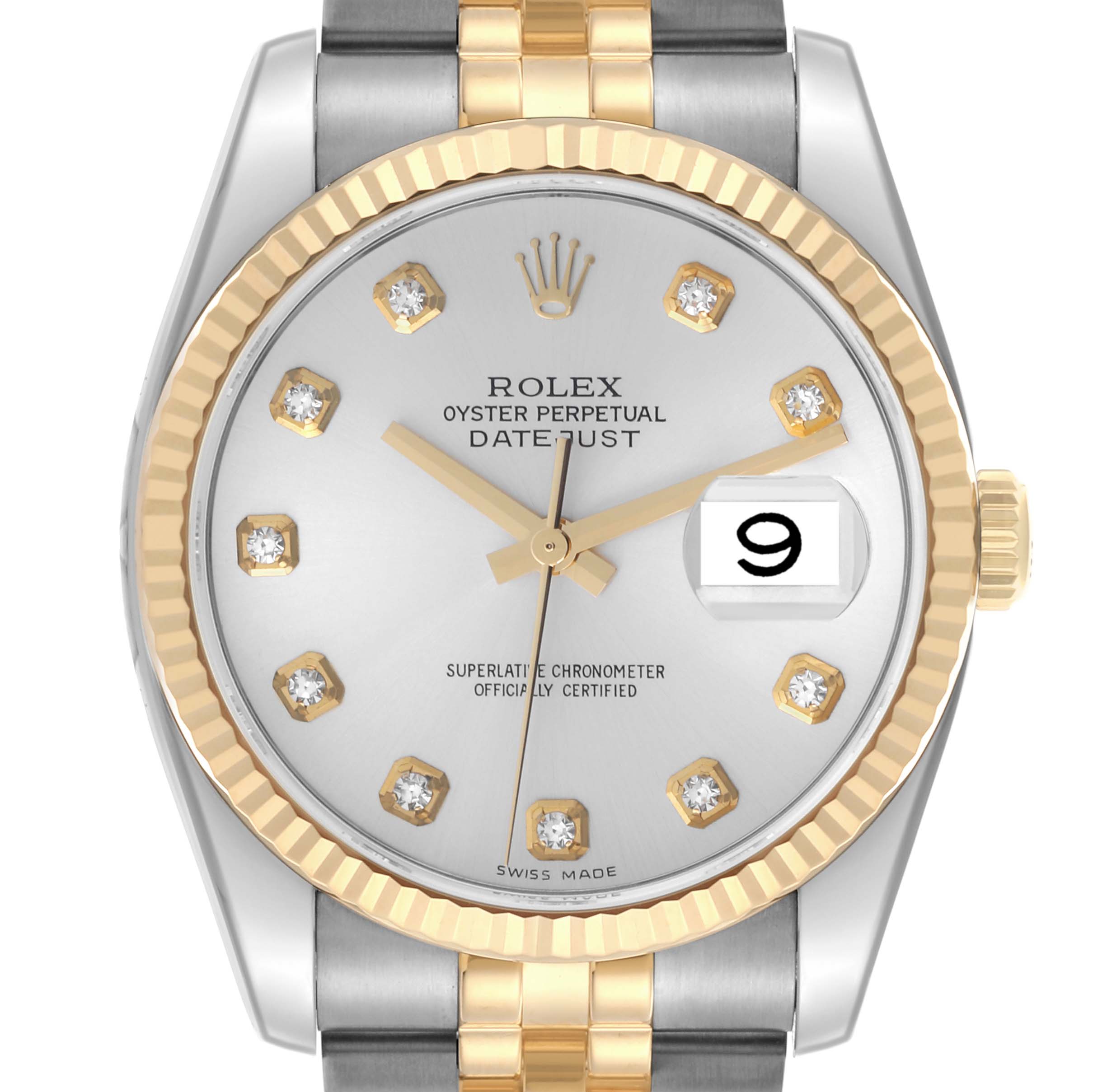 The Rolex Datejust 116233 Men's Steel and Gold (two tone) Silver Dial 116233 Men's Steel and Gold (two tone) Silver Dial watch is shown from a top-down angle, displaying its face, bezel, and part of the bracelet.