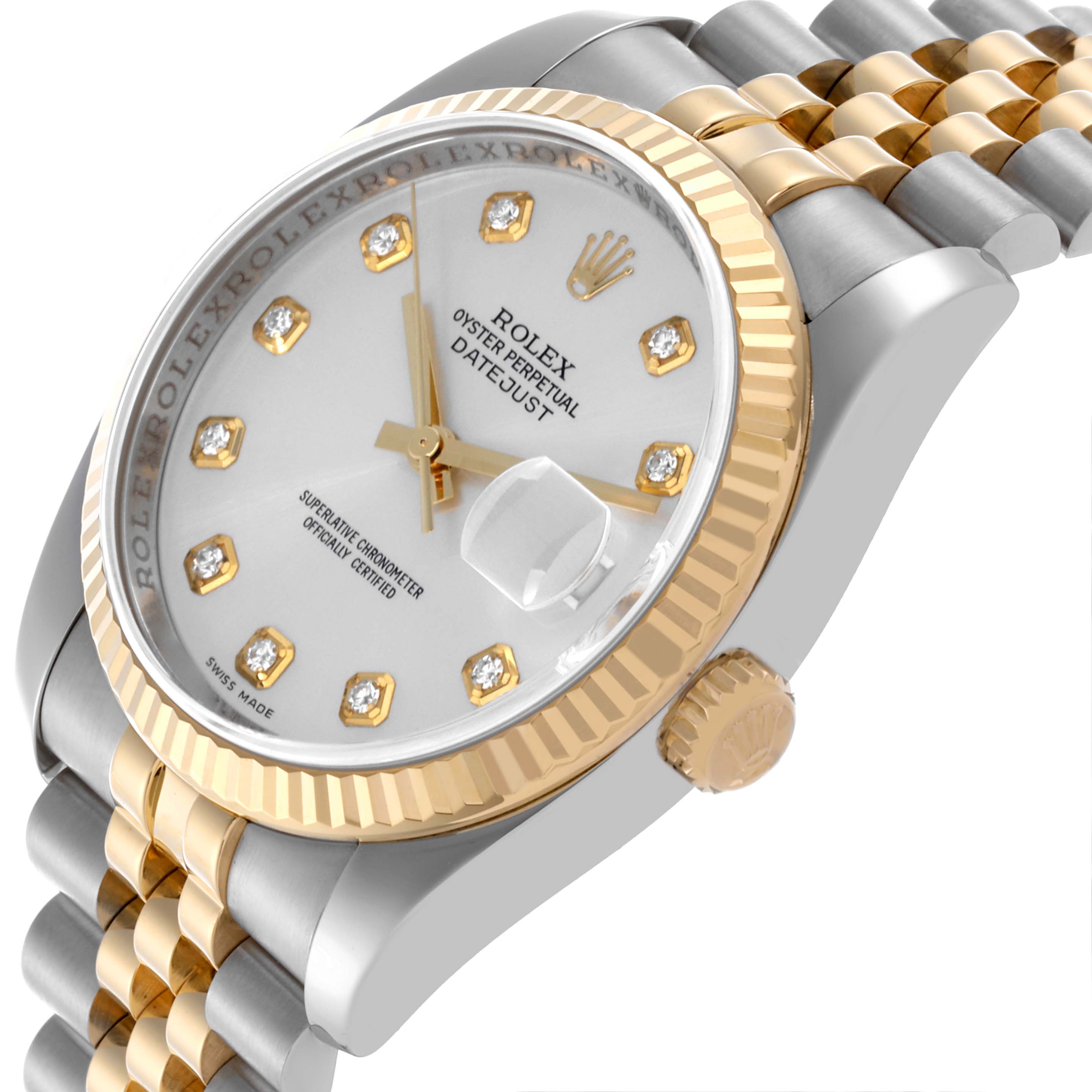 The Rolex Datejust 116233 Men's Steel and Gold (two tone) Silver Dial 116233 Men's Steel and Gold (two tone) Silver Dial watch is shown at an angled close-up, highlighting the dial, fluted bezel, and Jubilee bracelet.