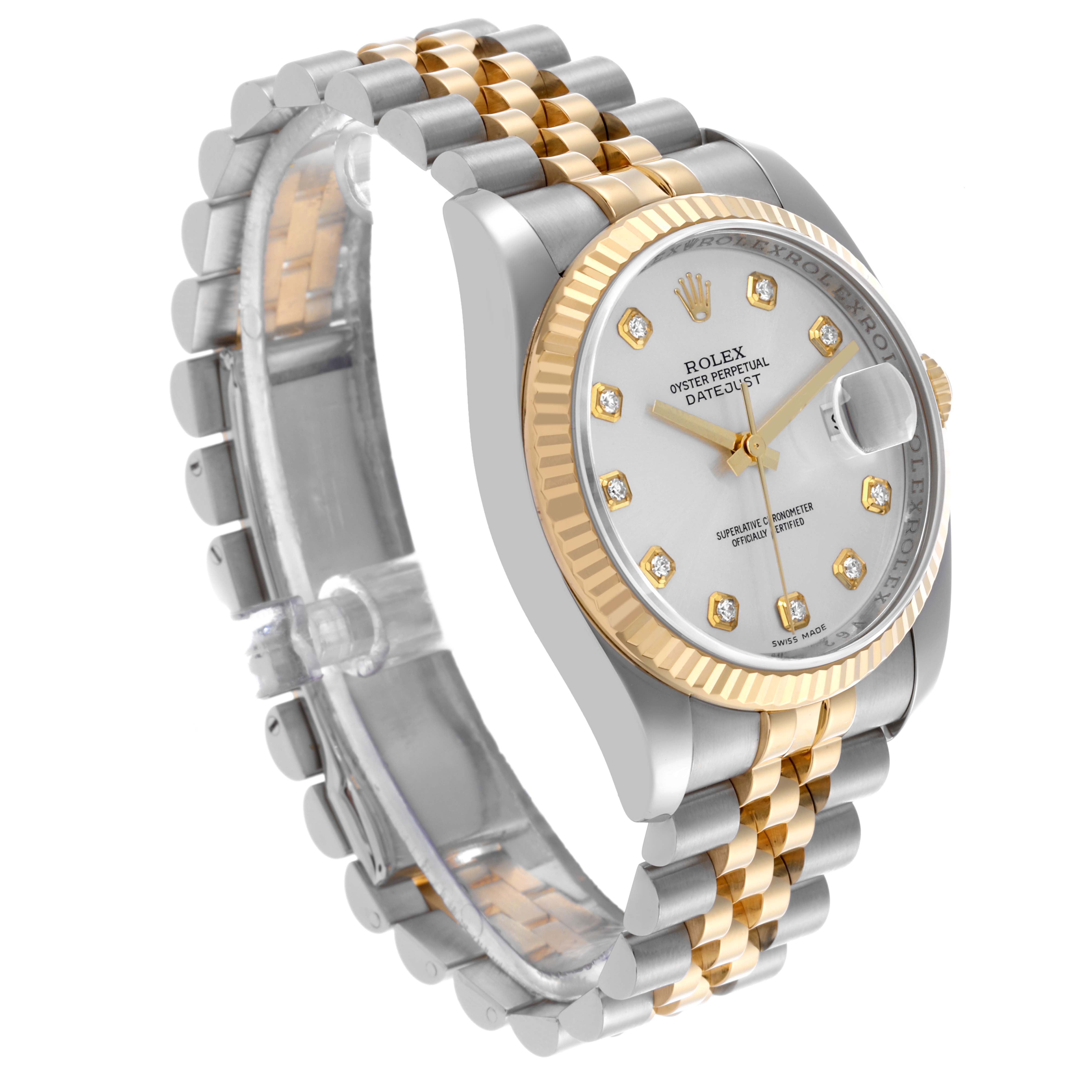 The Rolex Datejust 116233 Men's Steel and Gold (two tone) Silver Dial 116233 Men's Steel and Gold (two tone) Silver Dial watch is shown from an angled view, highlighting its gold and silver jubilee bracelet, fluted bezel, and diamond indices.