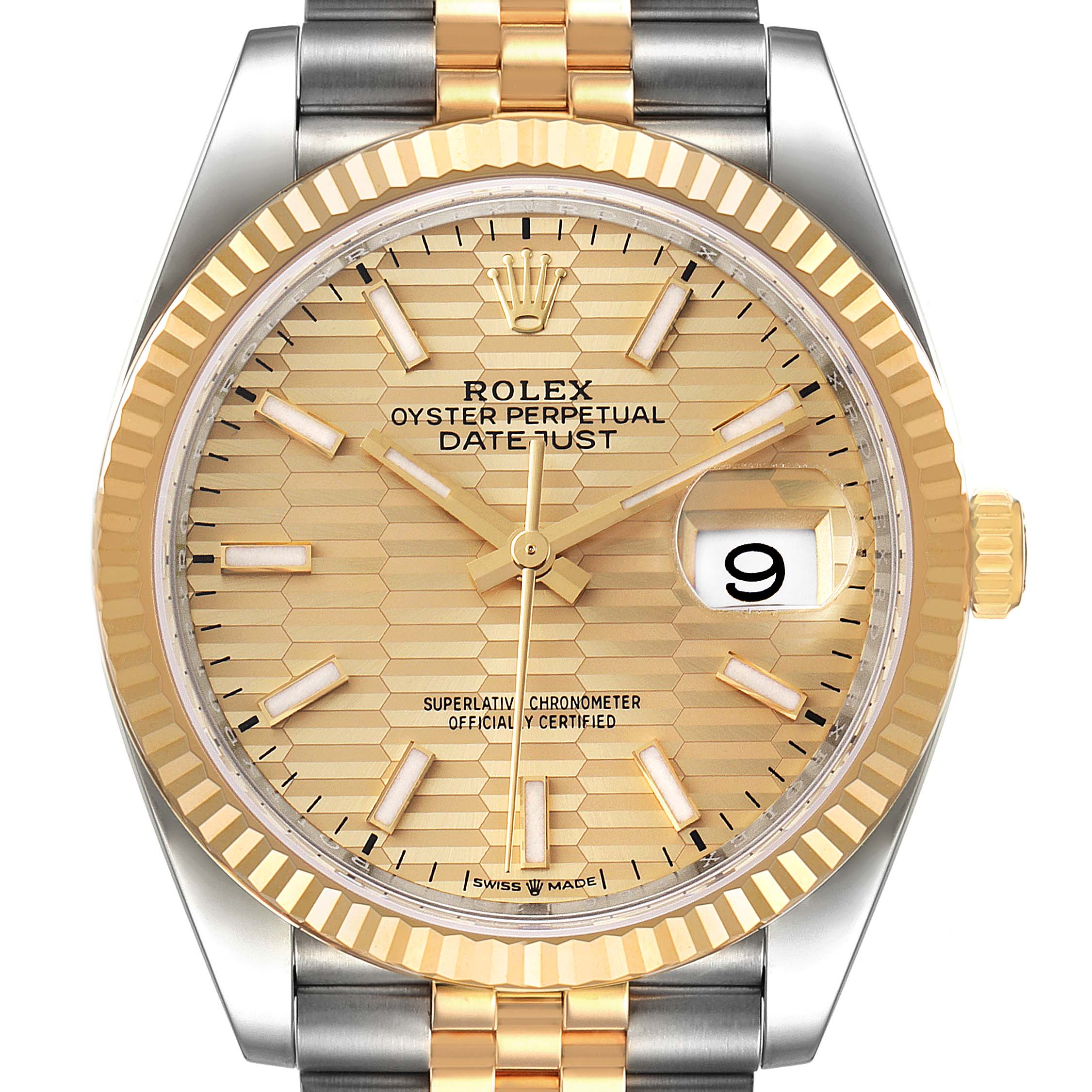 This image shows a frontal view of a Rolex Datejust 126233 Men
s Steel and Gold (two tone) Champagne Dial 126233 Men
s Steel and Gold (two tone) Champagne Dial watch, featuring the dial, bezel, and part of the bracelet.