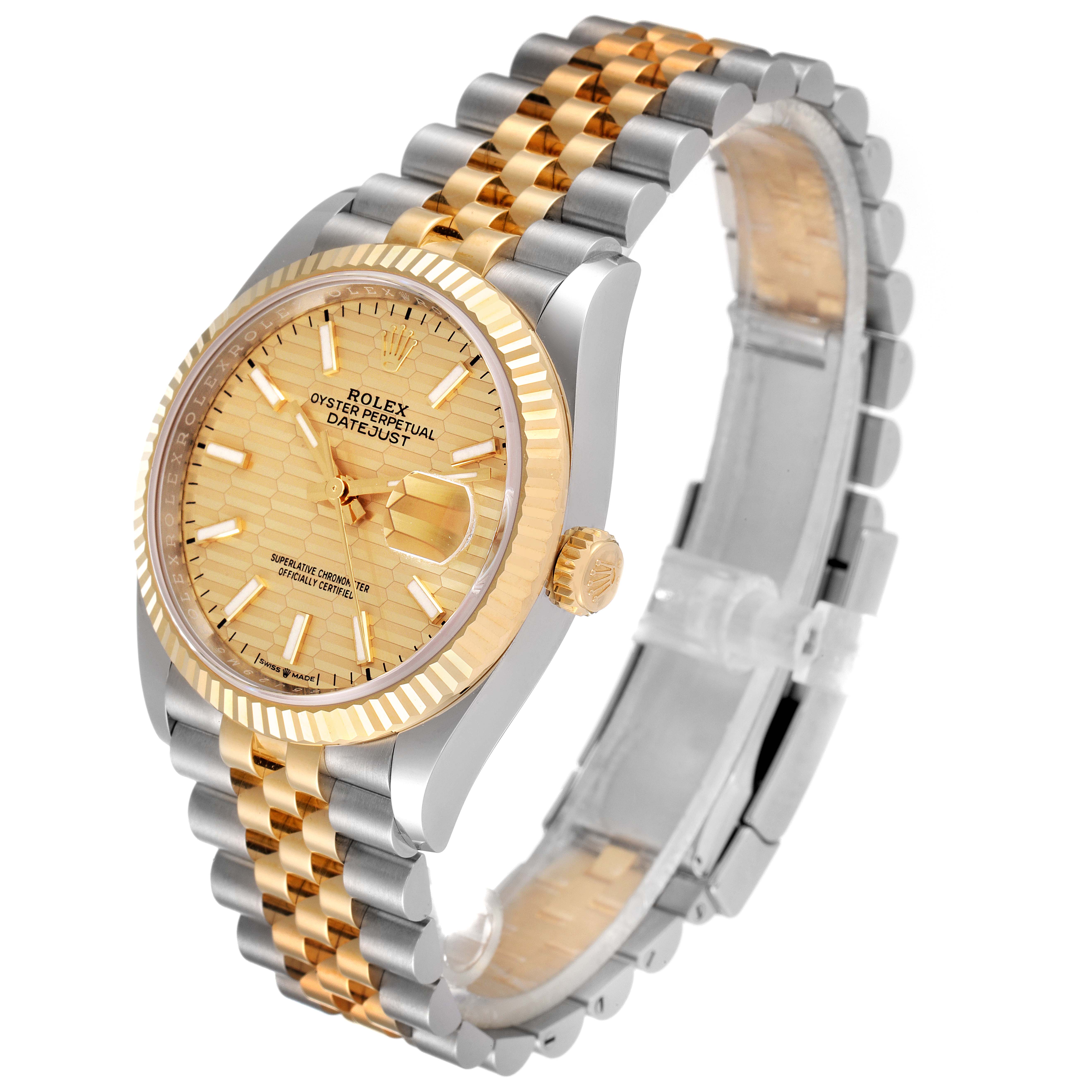 The image shows a Rolex Datejust 126233 Men
s Steel and Gold (two tone) Champagne Dial 126233 Men
s Steel and Gold (two tone) Champagne Dial watch from an angled perspective, highlighting its two-tone bracelet, fluted bezel, and dial.