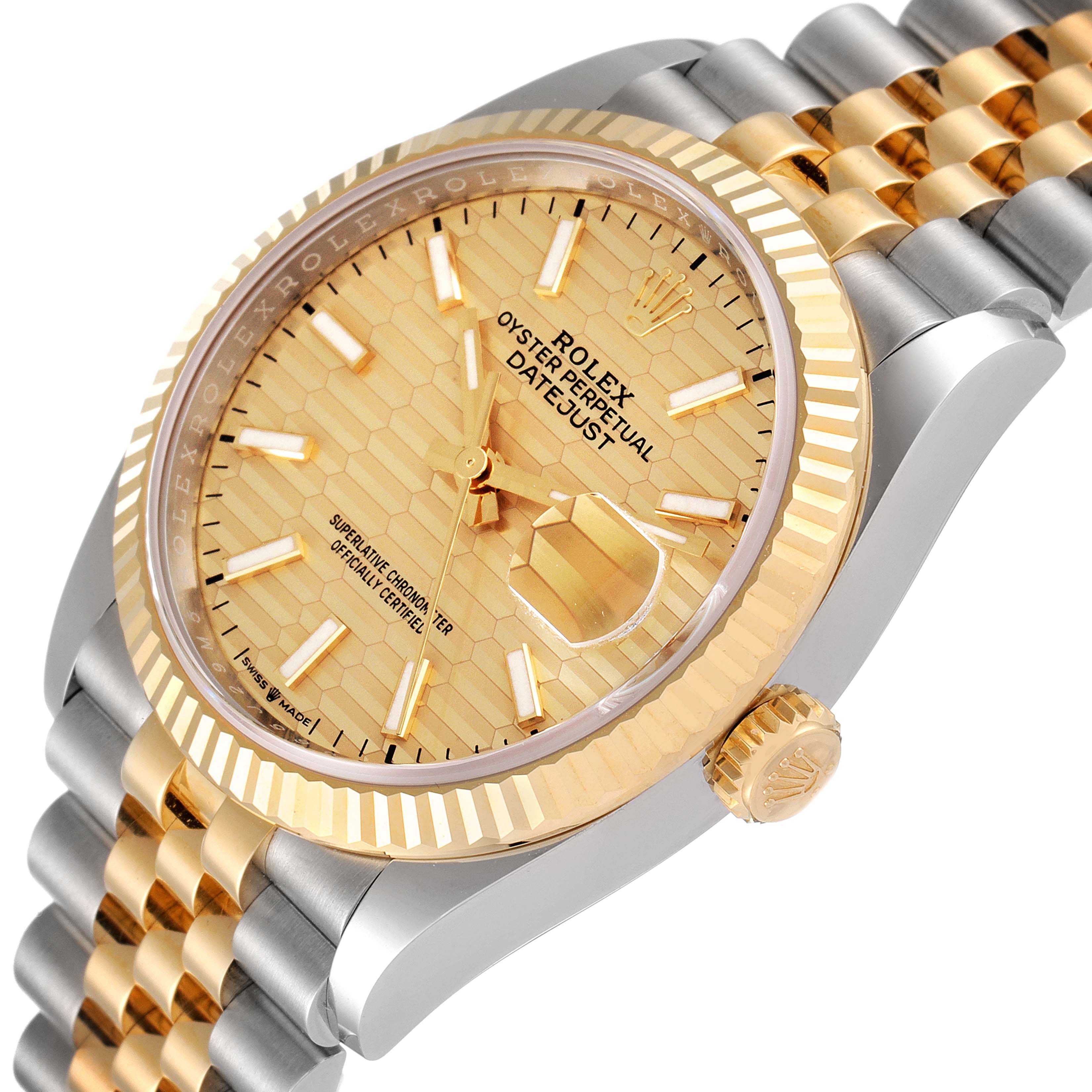 The image shows a Rolex Datejust 126233 Men
s Steel and Gold (two tone) Champagne Dial 126233 Men
s Steel and Gold (two tone) Champagne Dial watch from an angled view, focusing on its gold and steel bezel, crown, and Jubilee bracelet.