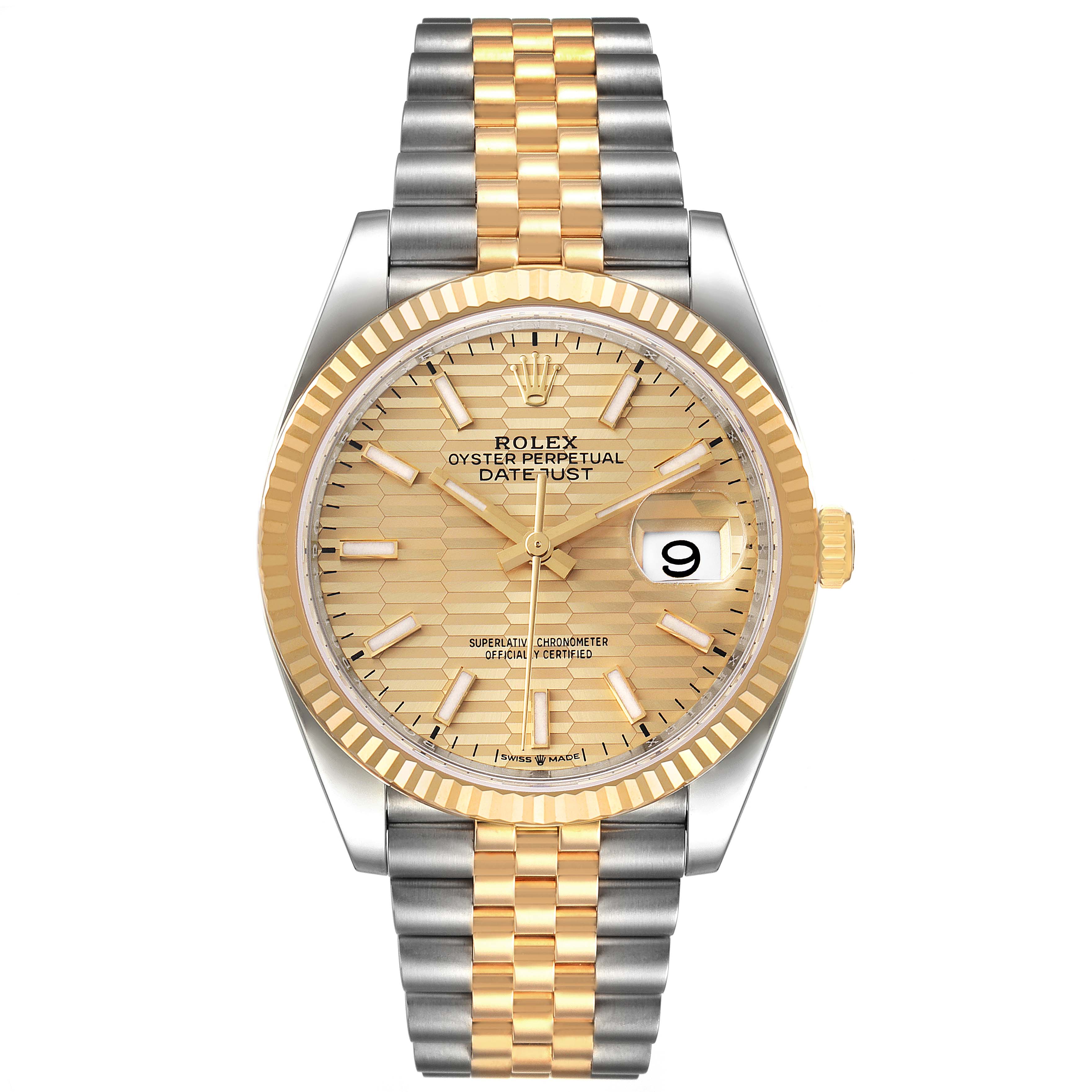 This is a front-angle view of a Rolex Datejust 126233 Men
s Steel and Gold (two tone) Champagne Dial 126233 Men
s Steel and Gold (two tone) Champagne Dial watch, showing the dial, bezel, case, and bracelet.