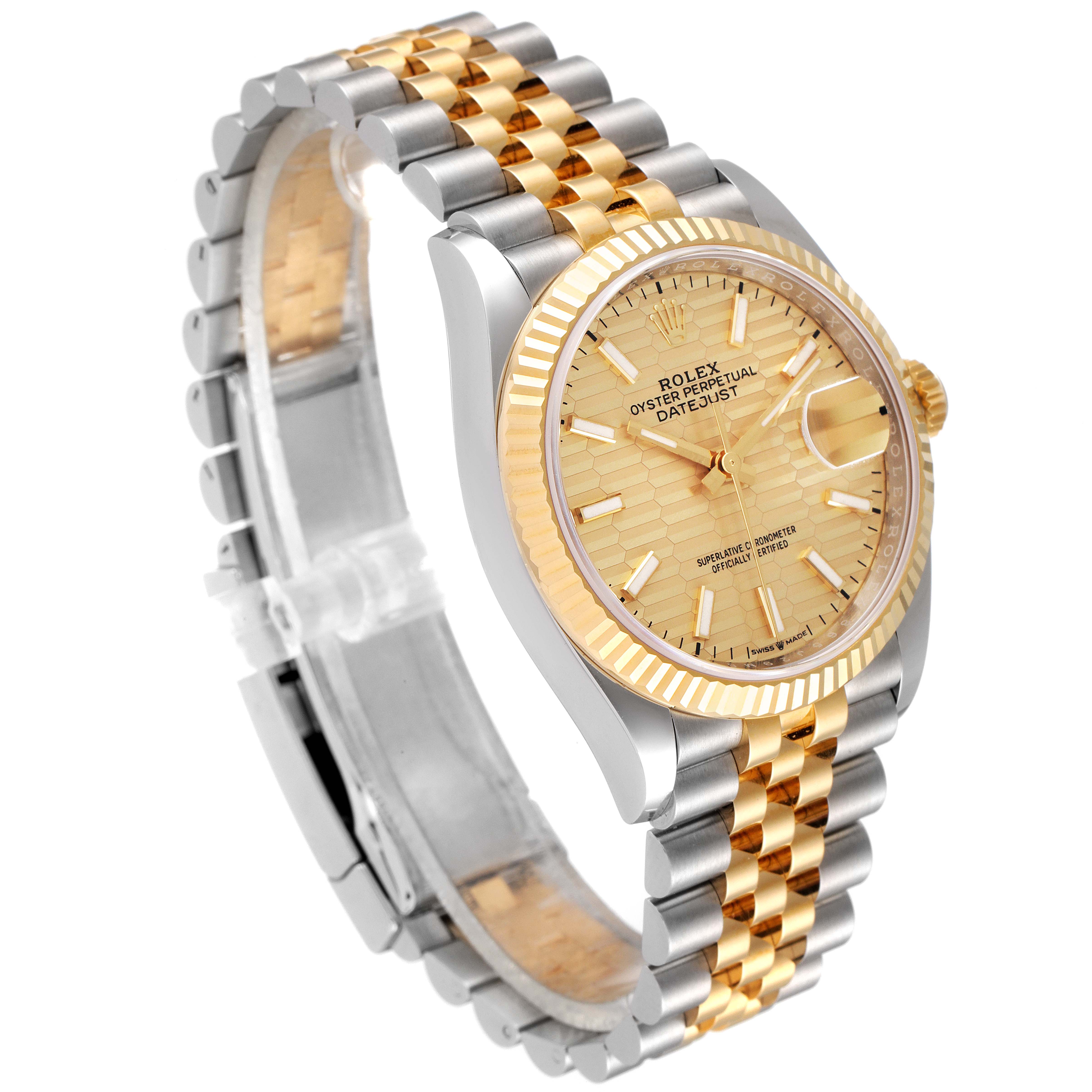 The image shows a side angle of a Rolex Datejust 126233 Men
s Steel and Gold (two tone) Champagne Dial 126233 Men
s Steel and Gold (two tone) Champagne Dial watch, highlighting its gold and silver Jubilee bracelet and fluted bezel.