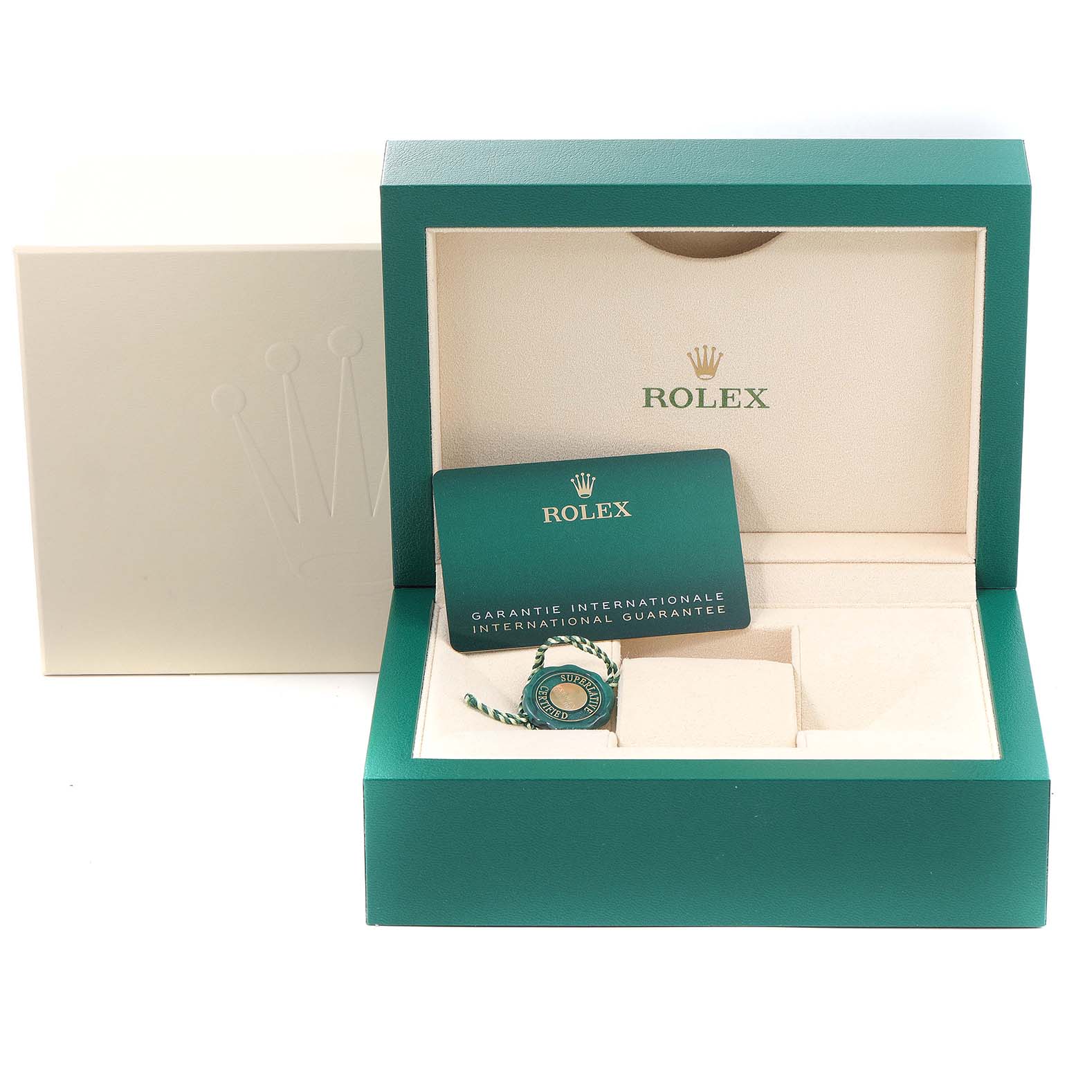 The image shows a Rolex Datejust 126233 Men
s Steel and Gold (two tone) Champagne Dial 126233 Men
s Steel and Gold (two tone) Champagne Dial packaging box with a warranty card and a tag, at a front angle.