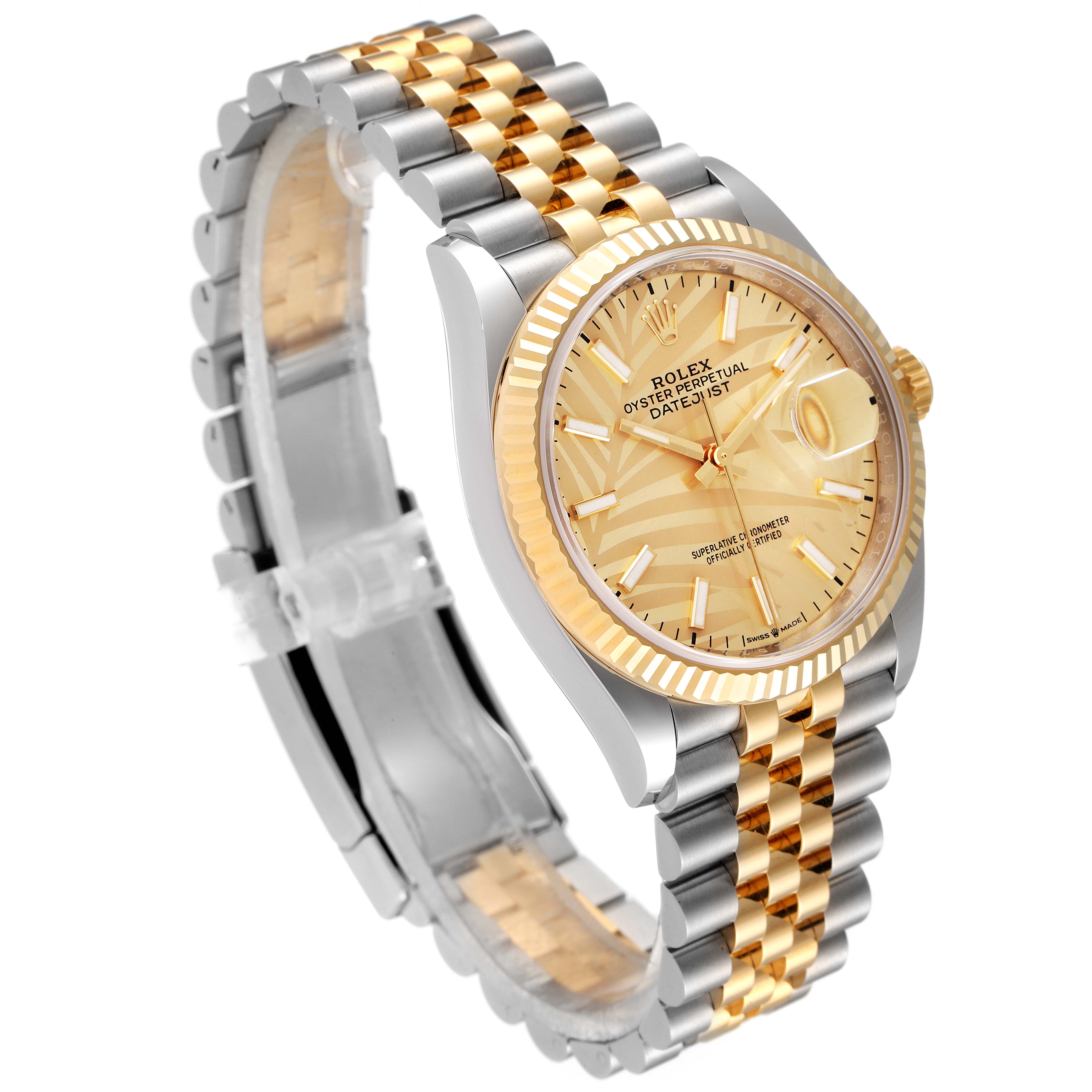 The image shows an angled view of a Rolex Datejust 126233 Men's Steel and Gold (two tone) Champagne Dial 126233 Men's Steel and Gold (two tone) Champagne Dial watch, highlighting its gold and silver Jubilee bracelet and gold dial.