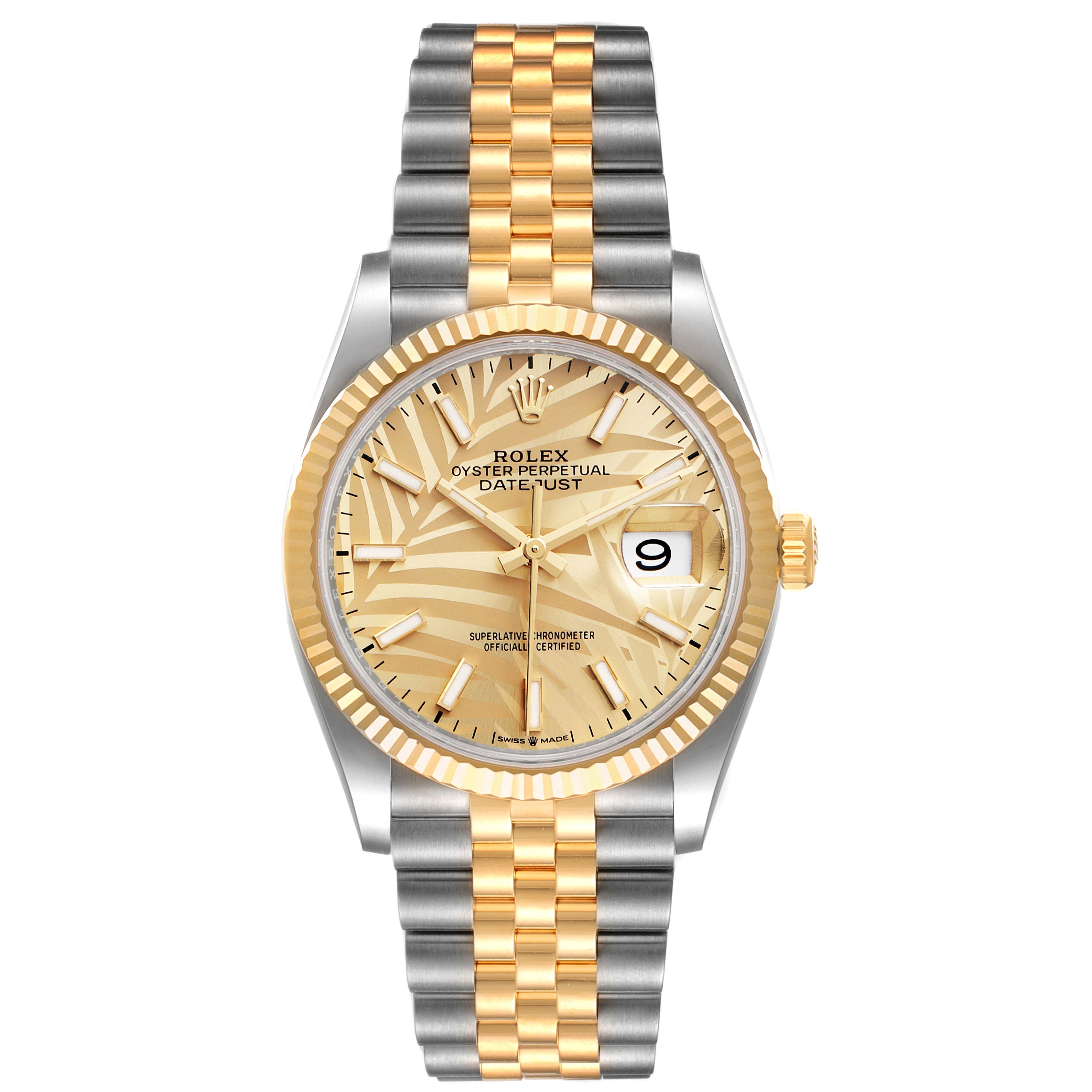 This is a front view of a Rolex Datejust 126233 Men's Steel and Gold (two tone) Champagne Dial 126233 Men's Steel and Gold (two tone) Champagne Dial watch, showing the dial, bezel, case, crown, and bracelet.