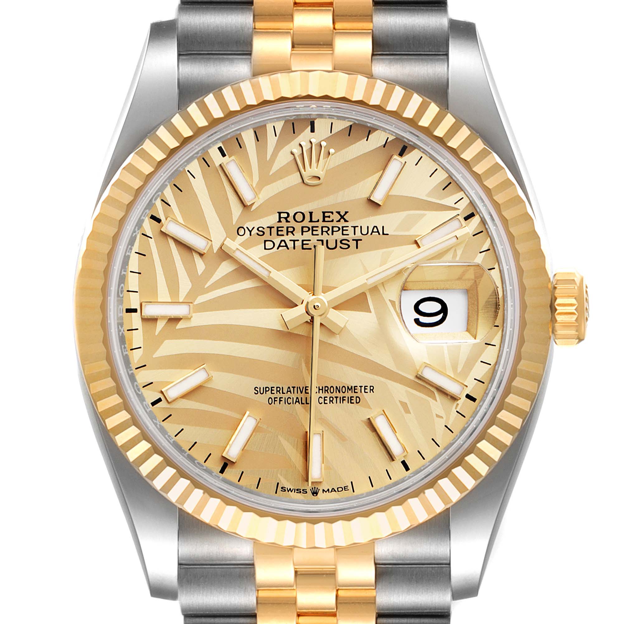 The image shows a frontal view of the Rolex Datejust 126233 Men's Steel and Gold (two tone) Champagne Dial 126233 Men's Steel and Gold (two tone) Champagne Dial watch, highlighting its dial, hands, bezel, and date window.