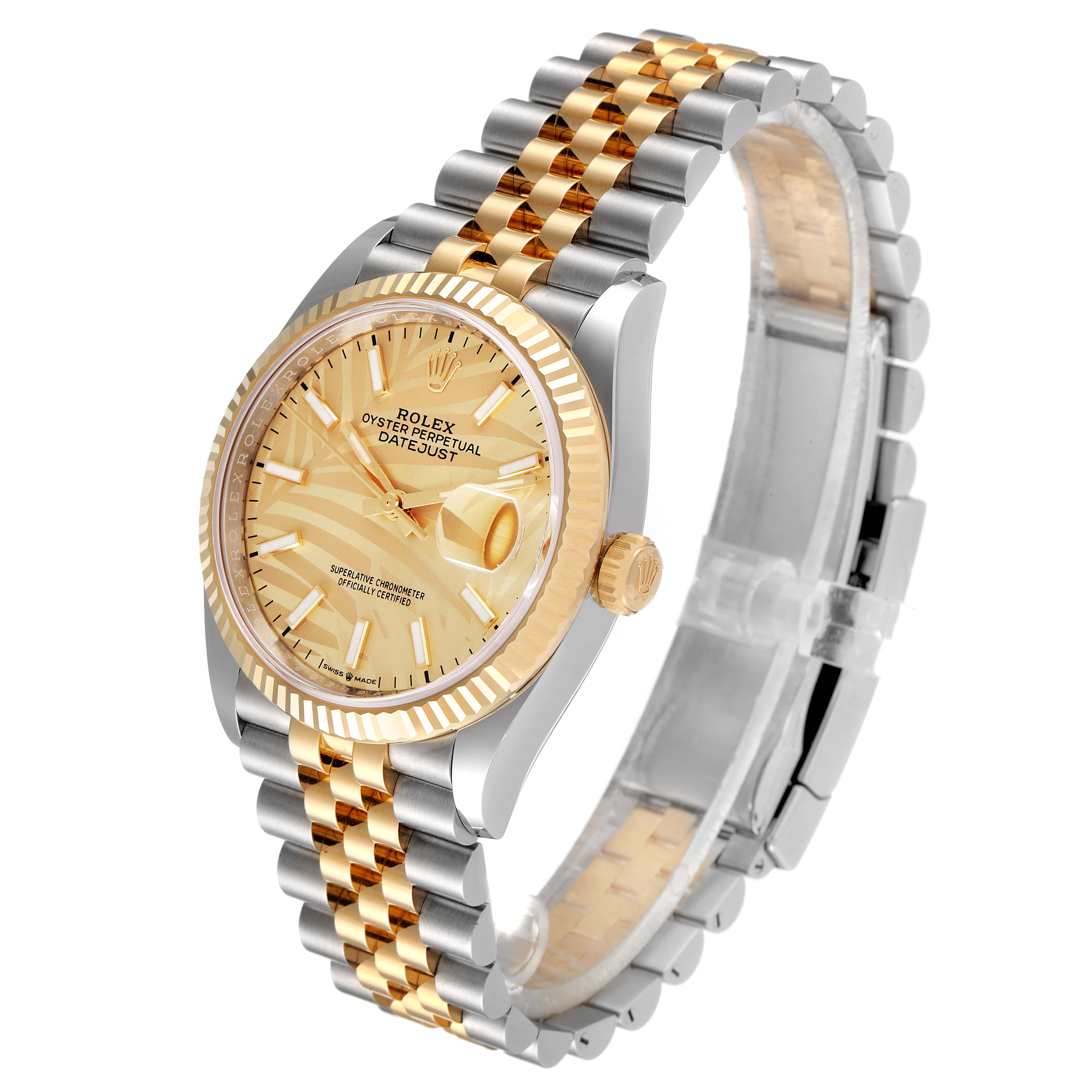 The image displays a Rolex Datejust 126233 Men's Steel and Gold (two tone) Champagne Dial 126233 Men's Steel and Gold (two tone) Champagne Dial watch at a side angle, showcasing its two-tone bracelet, fluted bezel, and dial features.