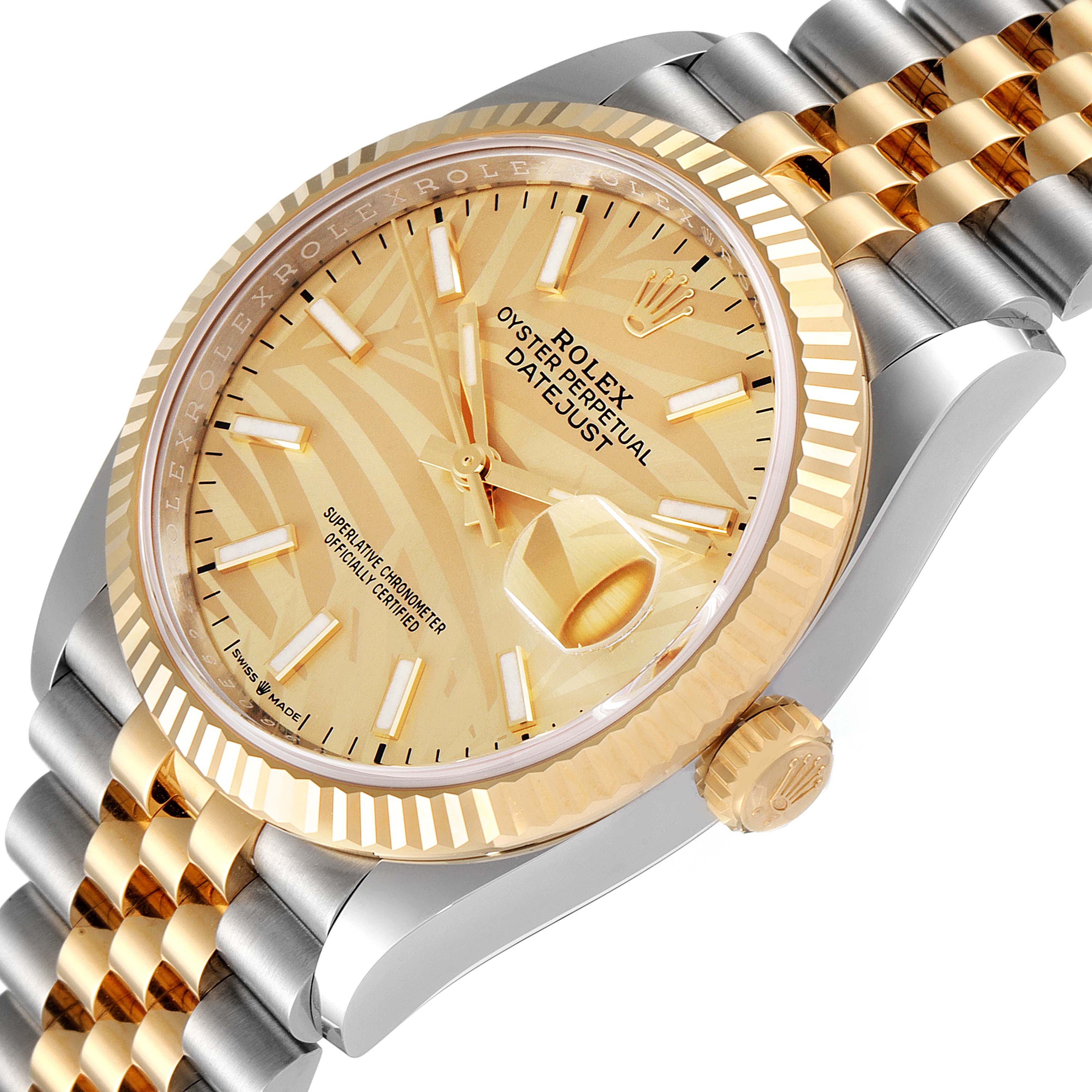 This image shows a close-up angled view of a Rolex Datejust 126233 Men's Steel and Gold (two tone) Champagne Dial 126233 Men's Steel and Gold (two tone) Champagne Dial watch, highlighting the dial, bezel, crown, and part of the bracelet.