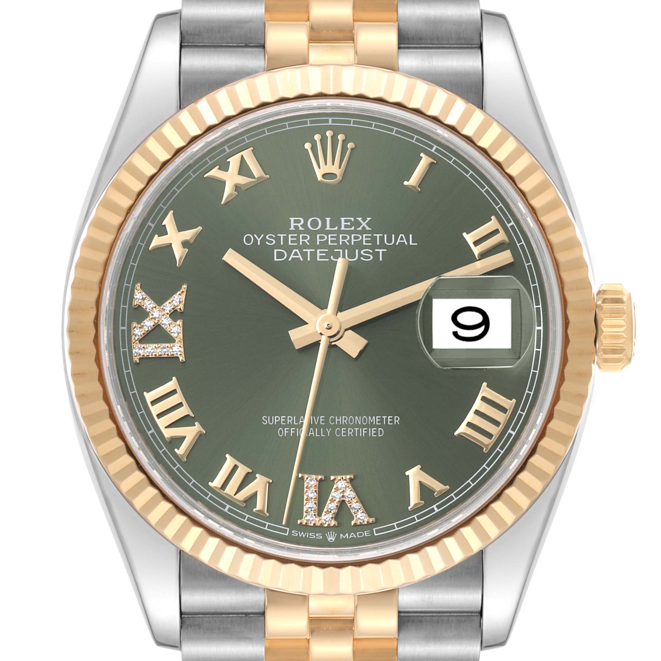 This image shows a close-up of the Rolex Datejust 126233 Men's Steel and Gold (two tone) Green Dial 126233 Men's Steel and Gold (two tone) Green Dial watch, highlighting the green dial, gold Roman numerals, fluted bezel, and date window.