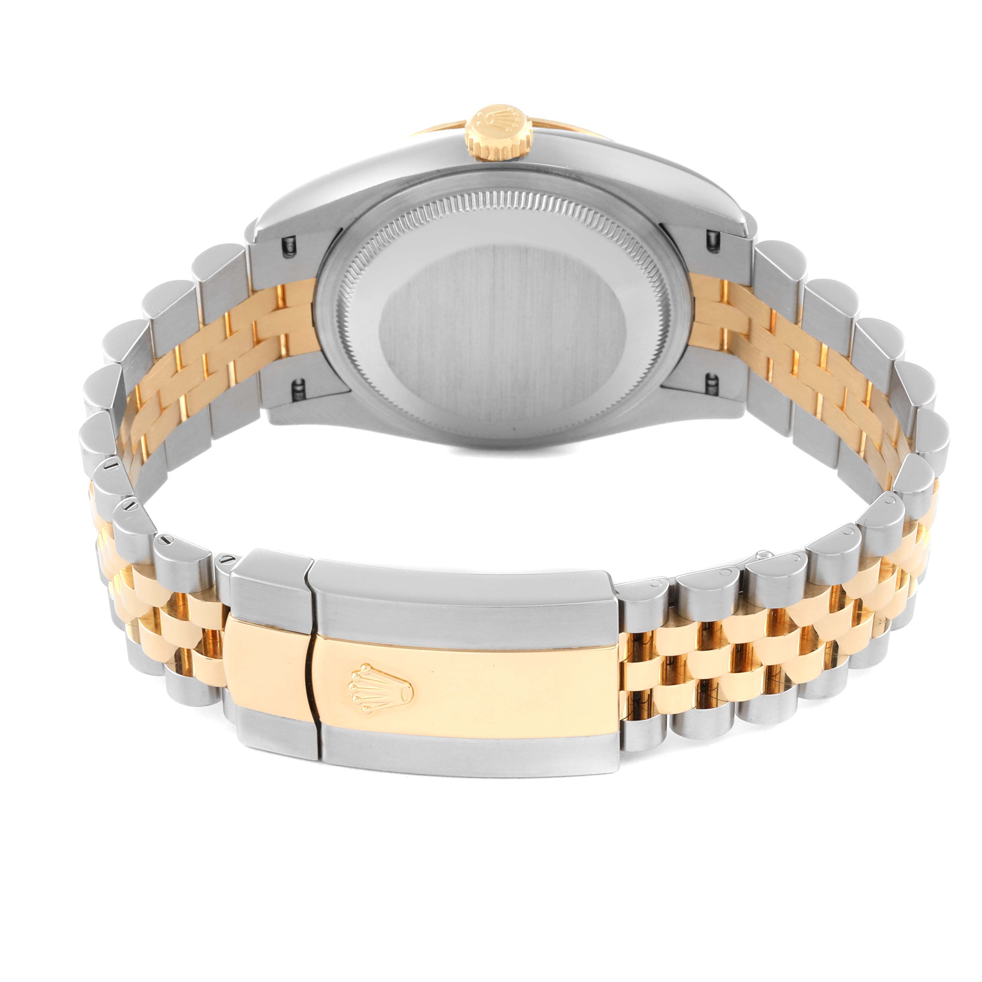 The image shows the back of a Rolex Datejust 126233 Men's Steel and Gold (two tone) Green Dial 126233 Men's Steel and Gold (two tone) Green Dial watch, highlighting its two-tone bracelet and clasp.