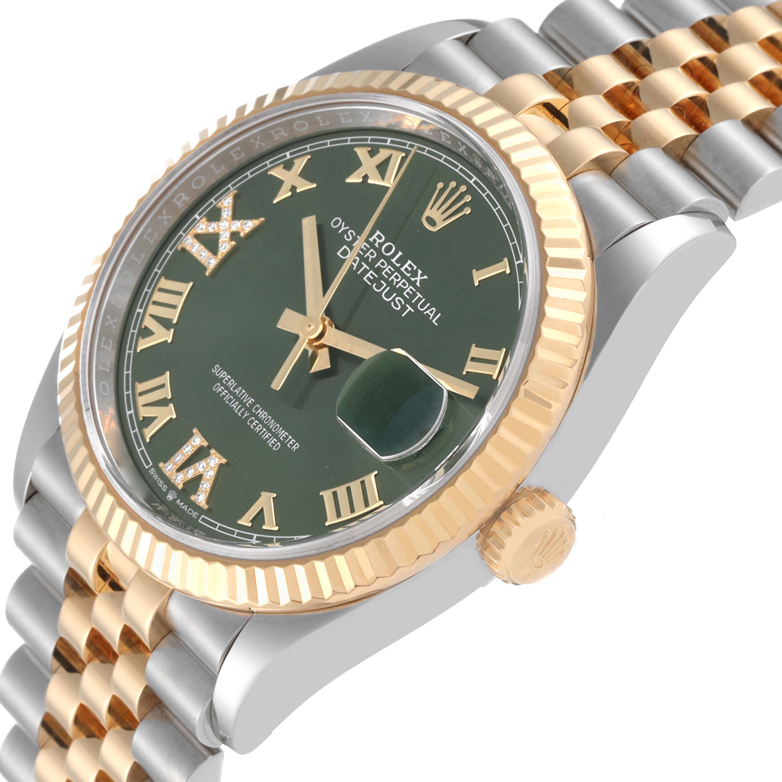 The image shows a side view of a Rolex Datejust 126233 Men's Steel and Gold (two tone) Green Dial 126233 Men's Steel and Gold (two tone) Green Dial watch, highlighting the dial, bezel, crown, and partial bracelet.