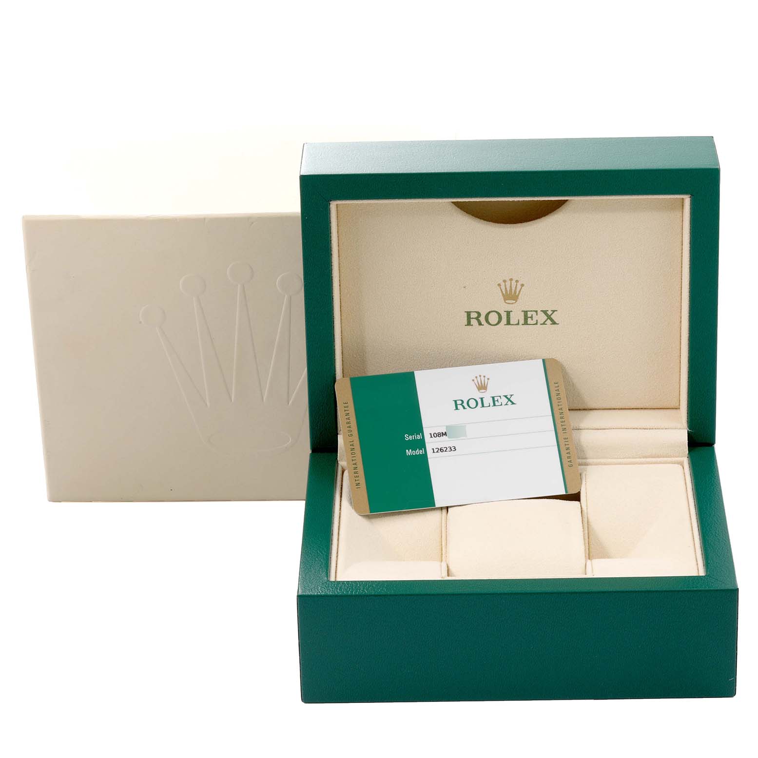 The image shows the packaging and warranty card for a Rolex Datejust 126233 Men's Steel and Gold (two tone) Green Dial 126233 Men's Steel and Gold (two tone) Green Dial model.