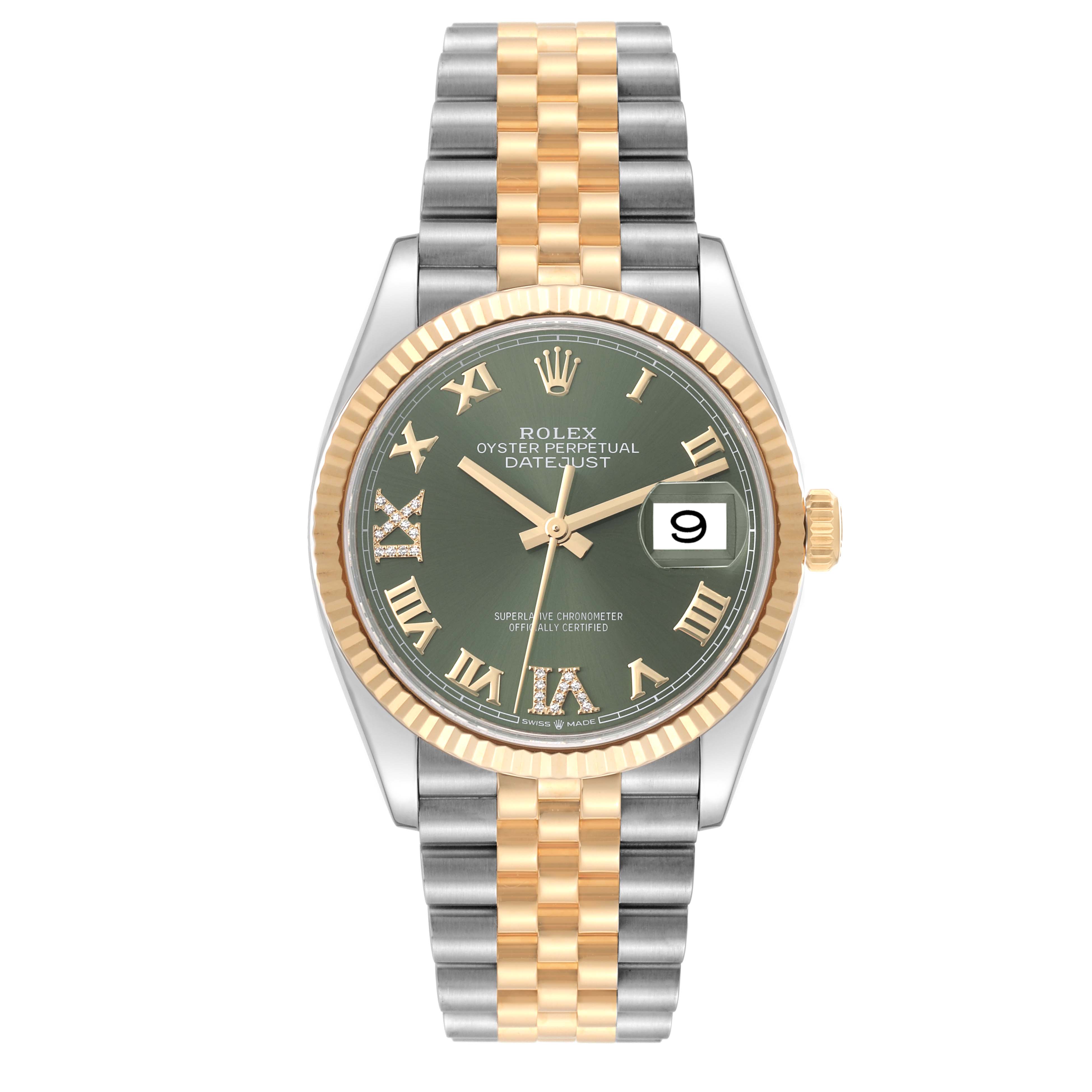 This image shows a front view of a Rolex Datejust 126233 Men's Steel and Gold (two tone) Green Dial 126233 Men's Steel and Gold (two tone) Green Dial watch, featuring a green dial, gold and silver bracelet, and a date window.