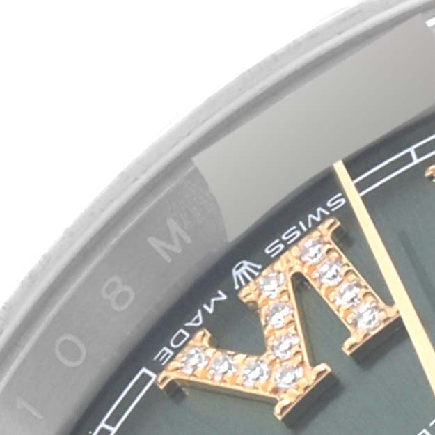 The image shows a close-up of the Rolex Datejust 126233 Men's Steel and Gold (two tone) Green Dial 126233 Men's Steel and Gold (two tone) Green Dial watch face, highlighting the hour marker with embedded diamonds and the "Swiss Made" text.