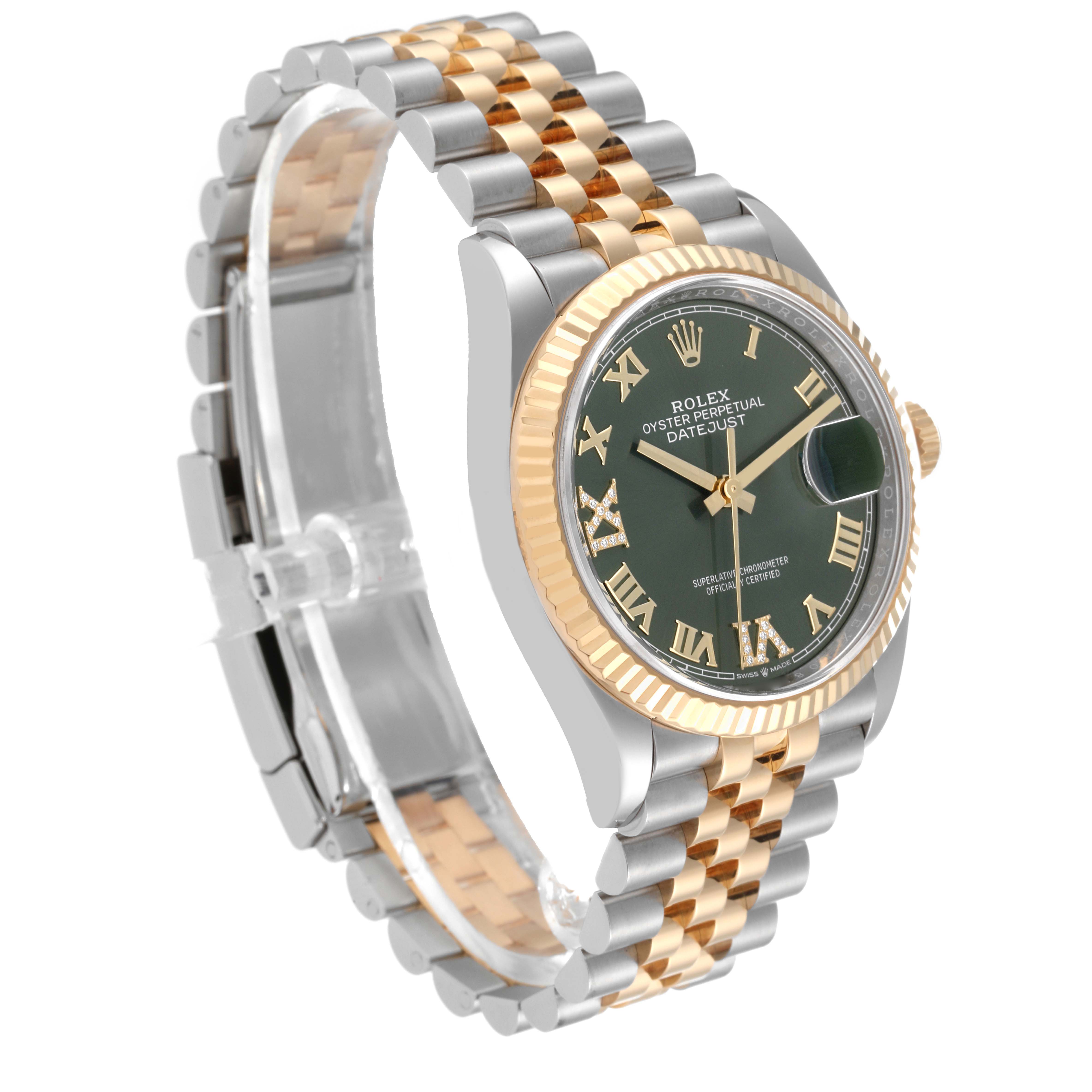 This Rolex Datejust 126233 Men's Steel and Gold (two tone) Green Dial 126233 Men's Steel and Gold (two tone) Green Dial watch is shown at an angled view, displaying the face, bezel, crown, and bracelet.