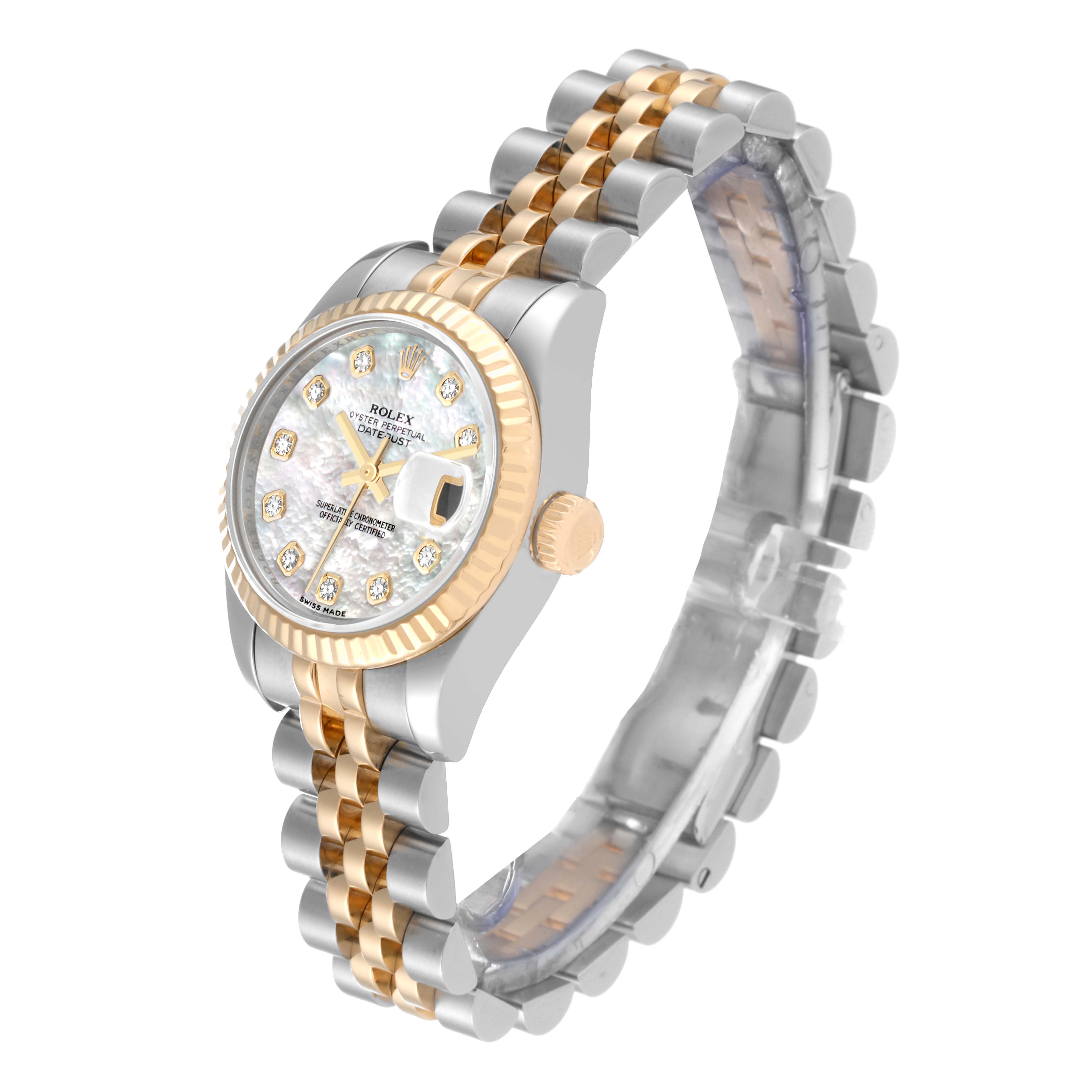 The image shows a side-angle view of a Rolex Datejust 179173 Women's Steel and Gold (two tone) Mother of Pearl Dial 179173 Women's Steel and Gold (two tone) Mother of Pearl Dial watch, highlighting its gold and silver two-tone bracelet and diamond-accented dial.