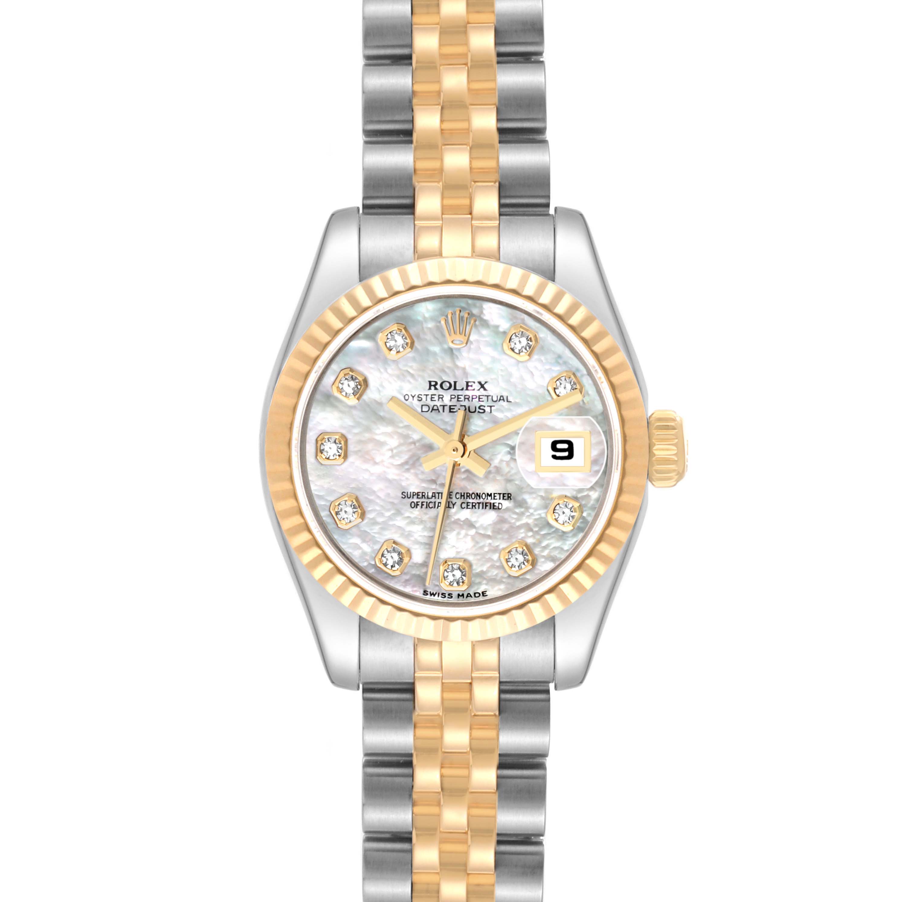 This Rolex Datejust 179173 Women's Steel and Gold (two tone) Mother of Pearl Dial 179173 Women's Steel and Gold (two tone) Mother of Pearl Dial watch is shown from a front angle, featuring a two-tone bracelet, fluted bezel, and mother-of-pearl dial.