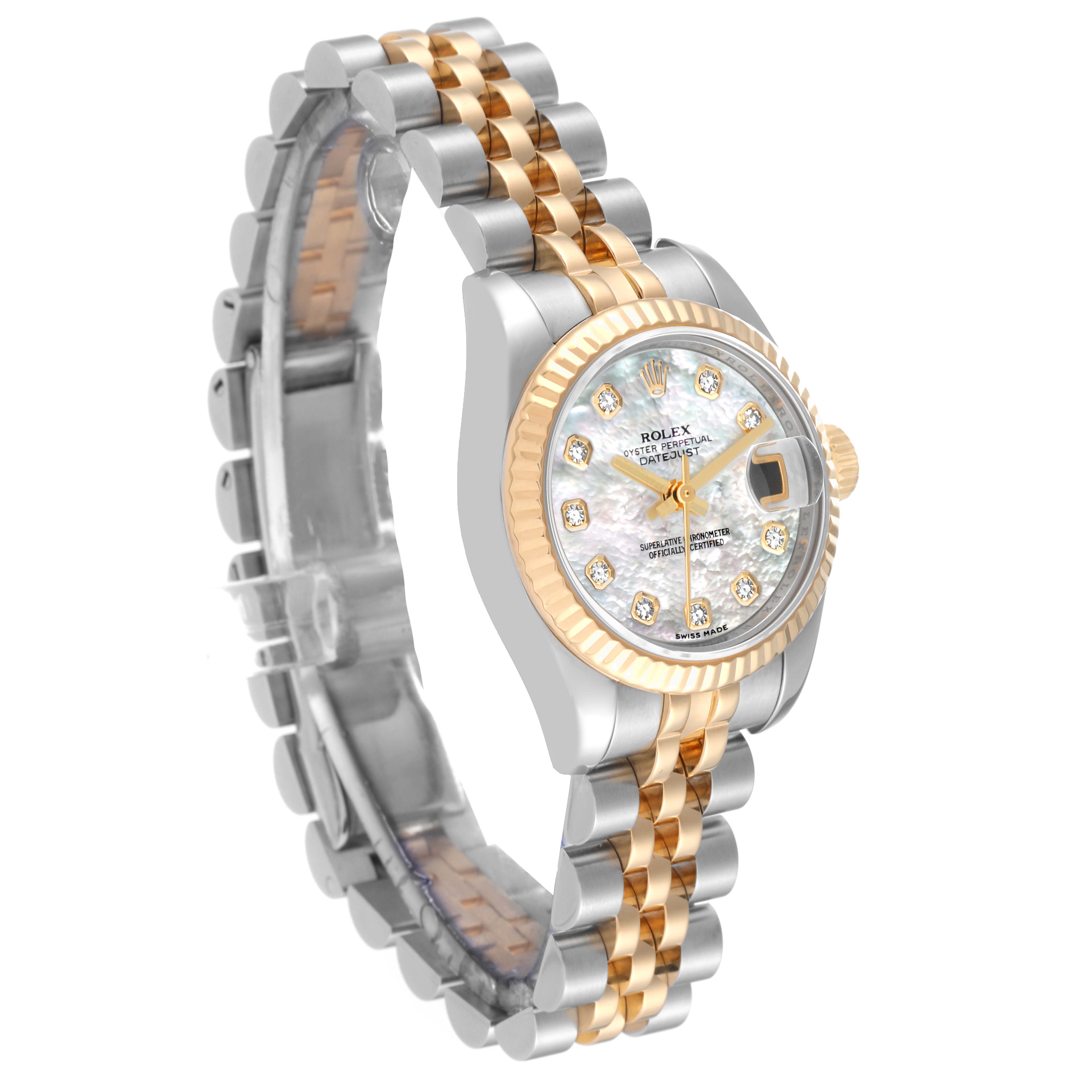 This Rolex Datejust 179173 Women's Steel and Gold (two tone) Mother of Pearl Dial 179173 Women's Steel and Gold (two tone) Mother of Pearl Dial watch is shown at a slight right angle, featuring its face, bezel, and two-tone bracelet.