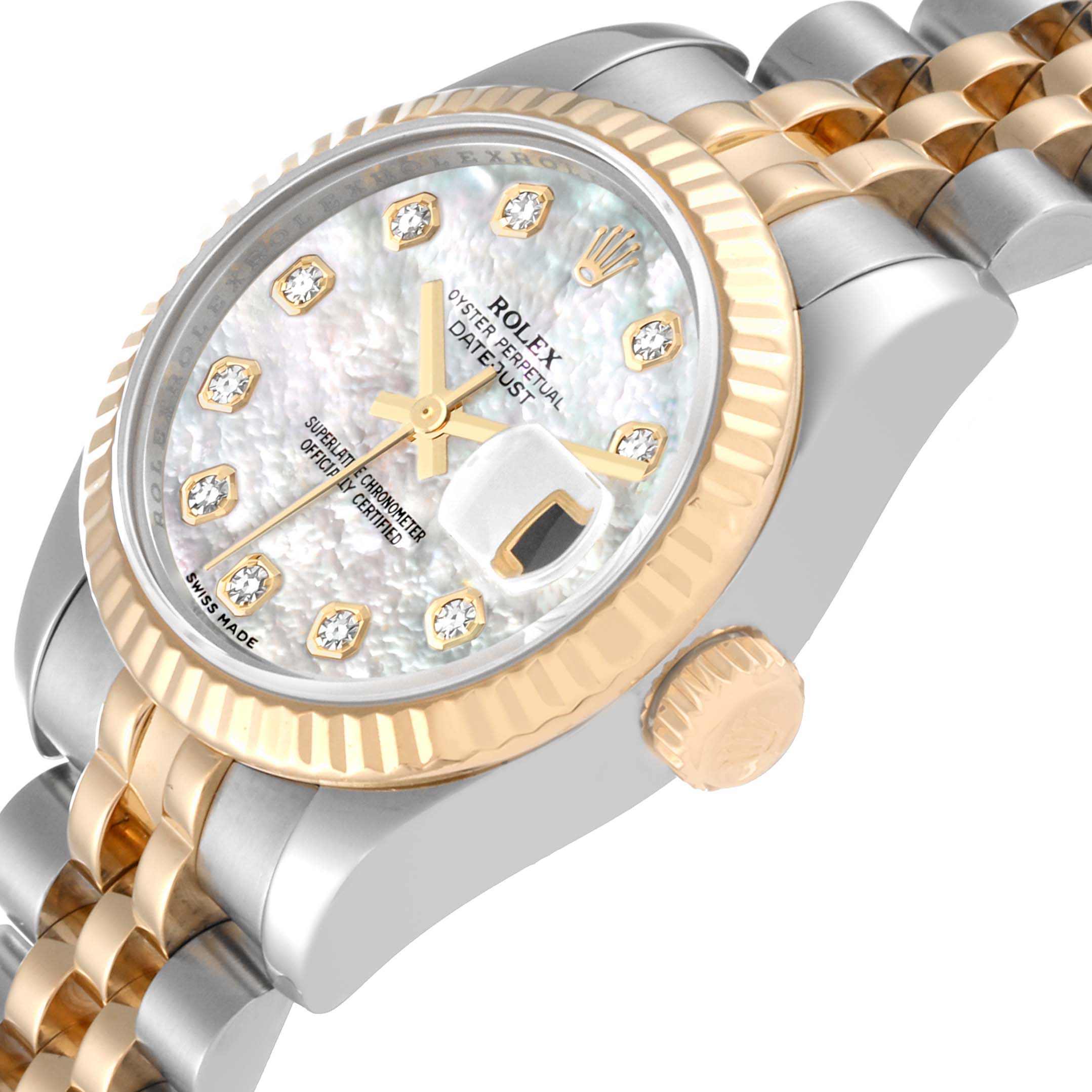 This image shows a close-up of a Rolex Datejust 179173 Women's Steel and Gold (two tone) Mother of Pearl Dial 179173 Women's Steel and Gold (two tone) Mother of Pearl Dial watch from an angled side view, highlighting the dial, bezel, and part of the bracelet.