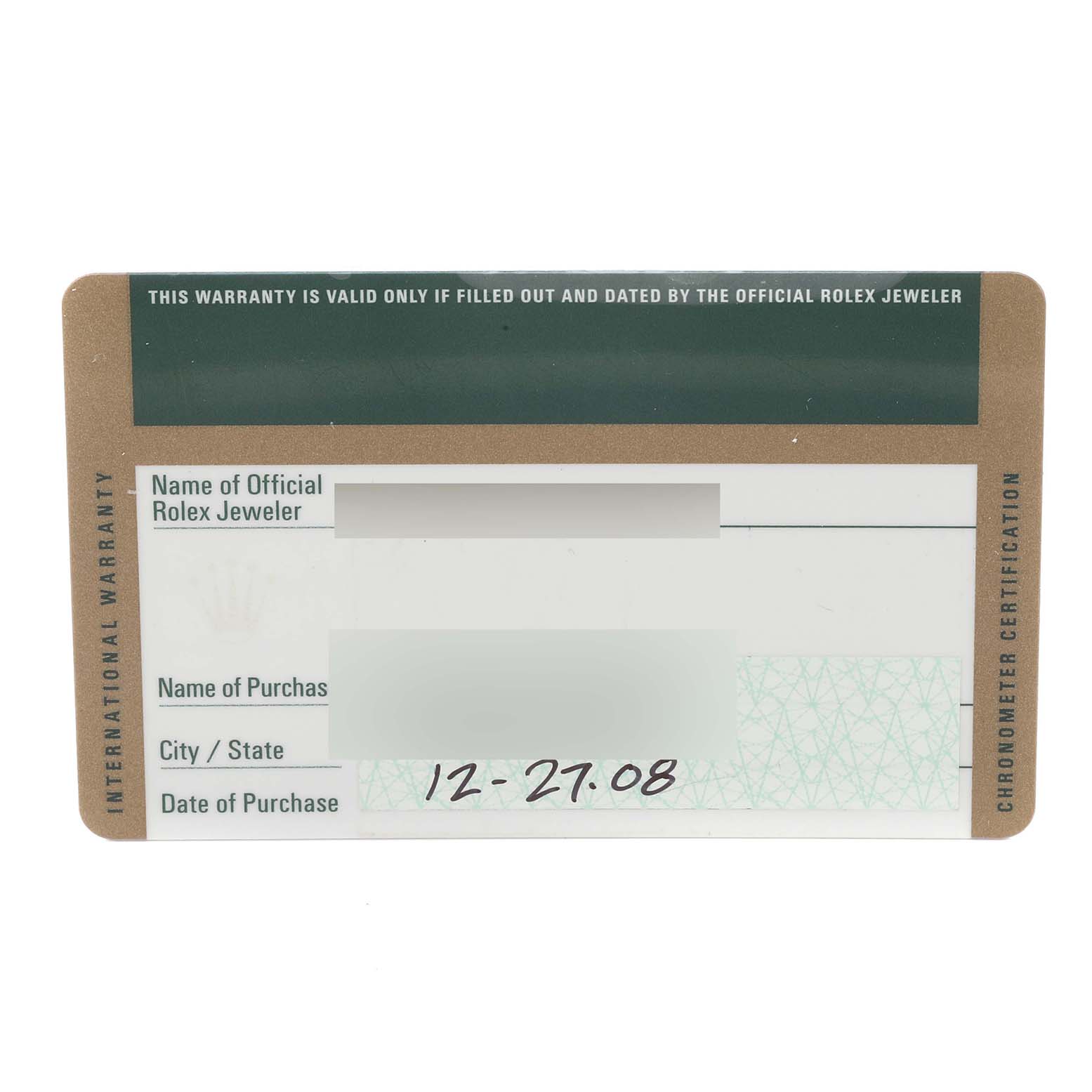 This image shows the warranty card for a Rolex Datejust 179173 Women's Steel and Gold (two tone) Mother of Pearl Dial 179173 Women's Steel and Gold (two tone) Mother of Pearl Dial model, providing details like purchase date and jeweler information.