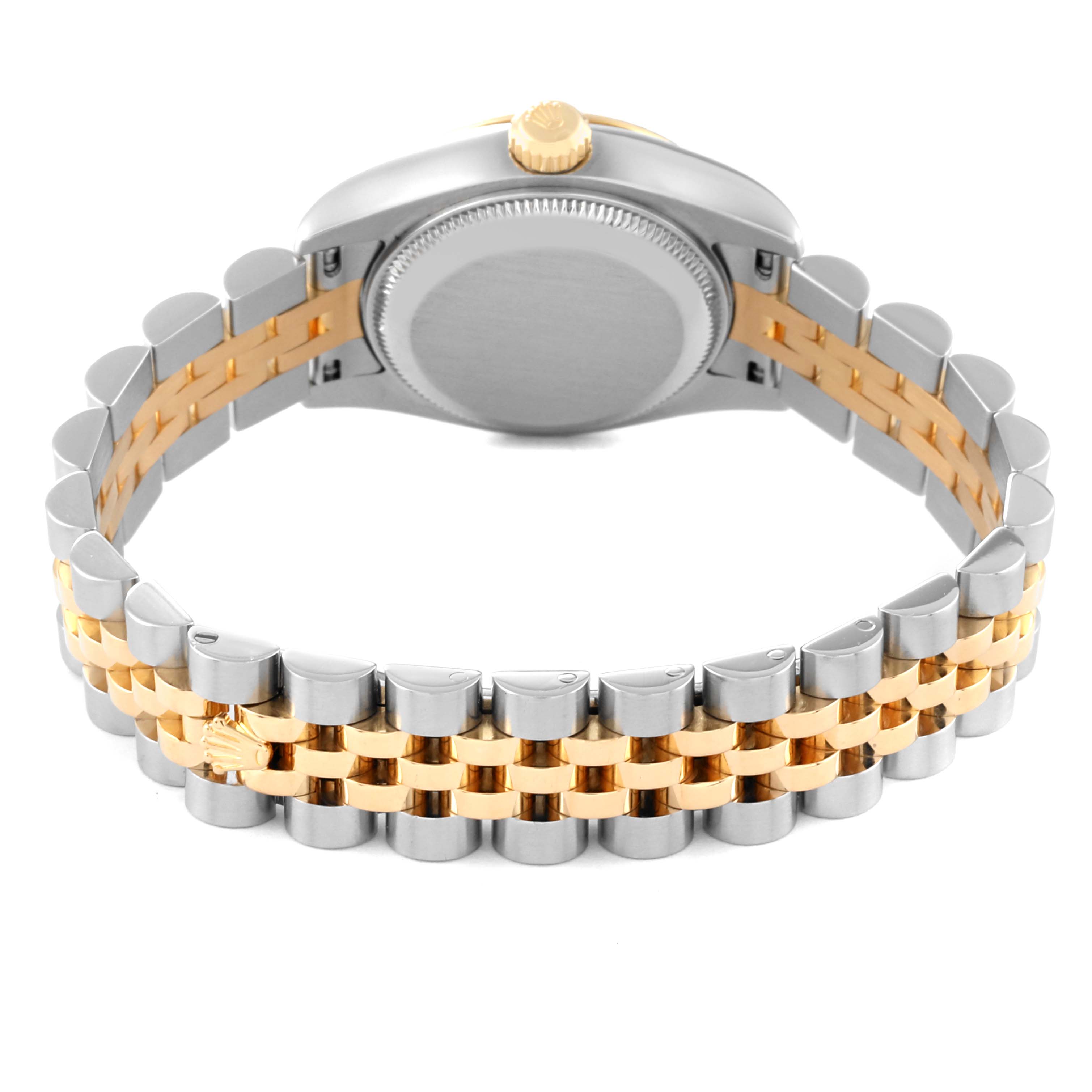 The image shows the back view of a Rolex Datejust 179173 Women's Steel and Gold (two tone) Mother of Pearl Dial 179173 Women's Steel and Gold (two tone) Mother of Pearl Dial watch, highlighting its two-tone bracelet and case back.