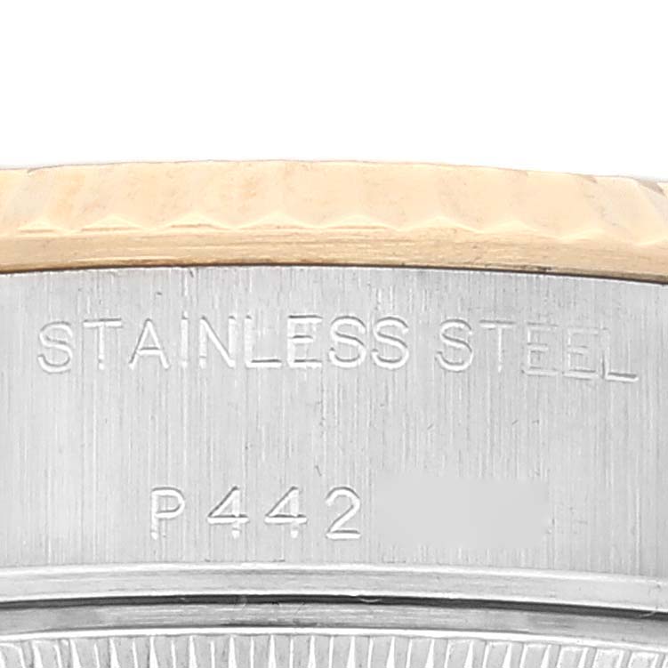 This image shows a close-up of the stainless steel case back of a Rolex Datejust 79173 Women's Steel and Gold (two tone) Silver Dial 79173 Women's Steel and Gold (two tone) Silver Dial watch.