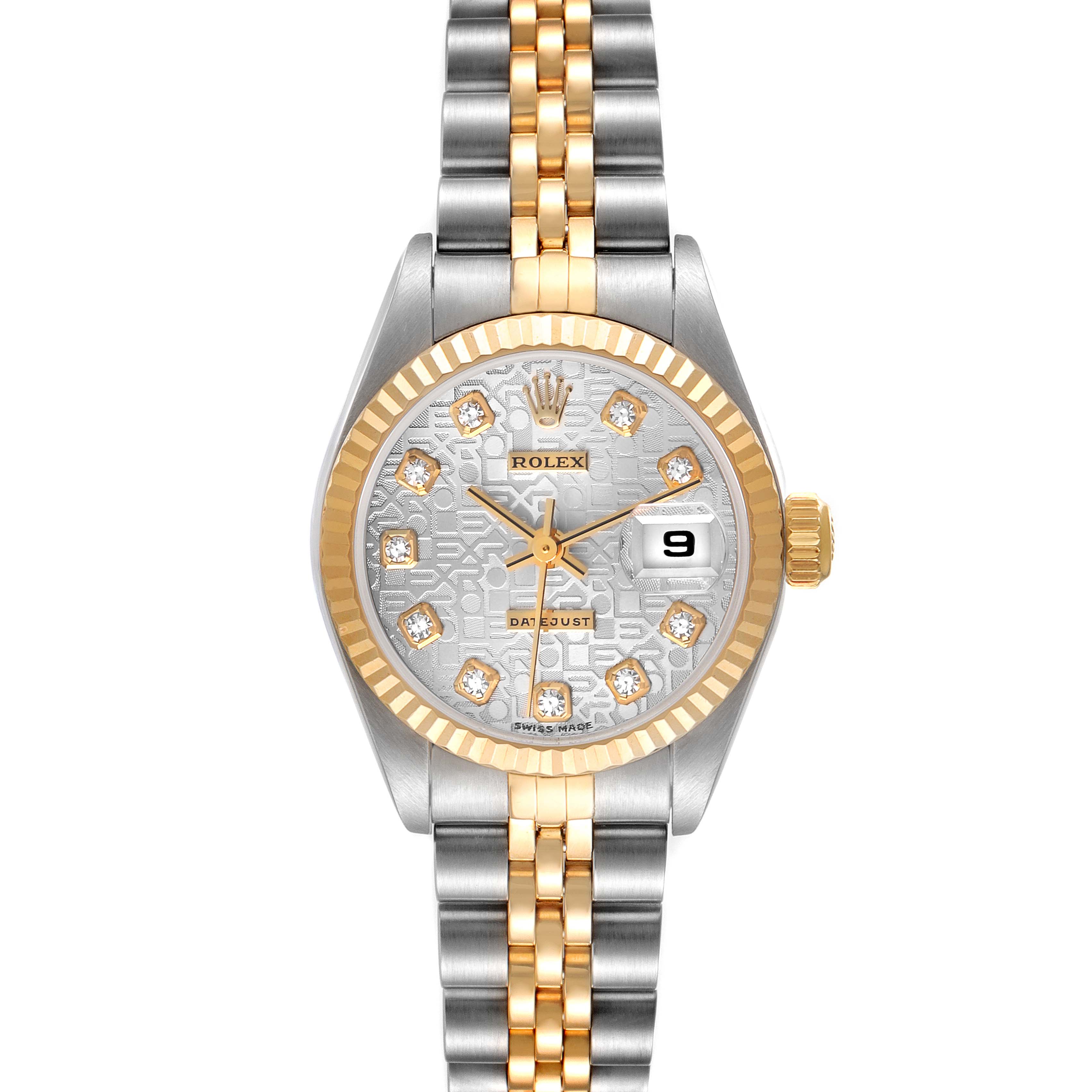 The image shows the front view of a Rolex Datejust 79173 Women's Steel and Gold (two tone) Silver Dial 79173 Women's Steel and Gold (two tone) Silver Dial watch, highlighting the dial, bezel, case, crown, and bracelet.