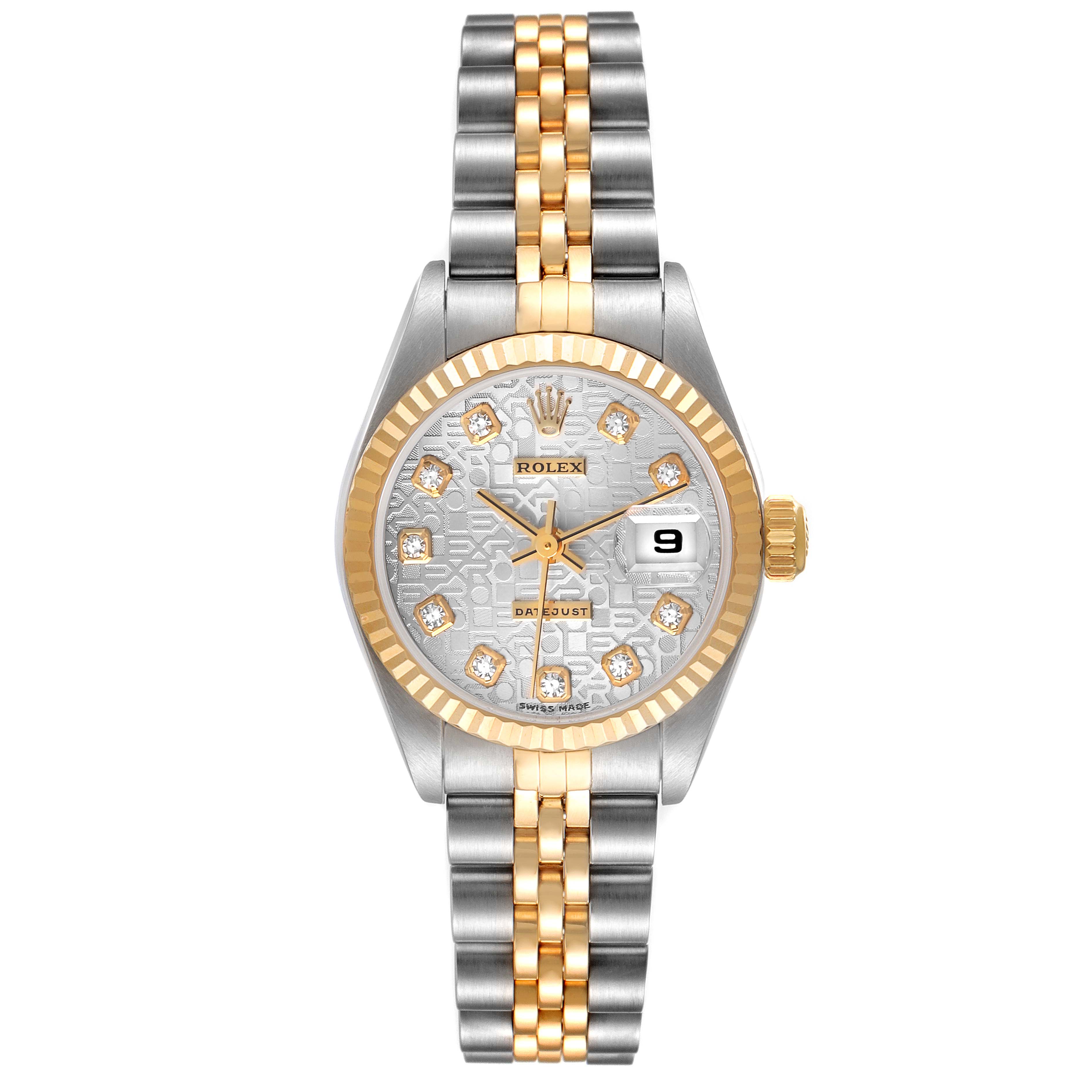 This image shows a Rolex Datejust 79173 Women's Steel and Gold (two tone) Silver Dial 79173 Women's Steel and Gold (two tone) Silver Dial watch from a top-down angle, featuring its dial, bezel, and two-tone bracelet.