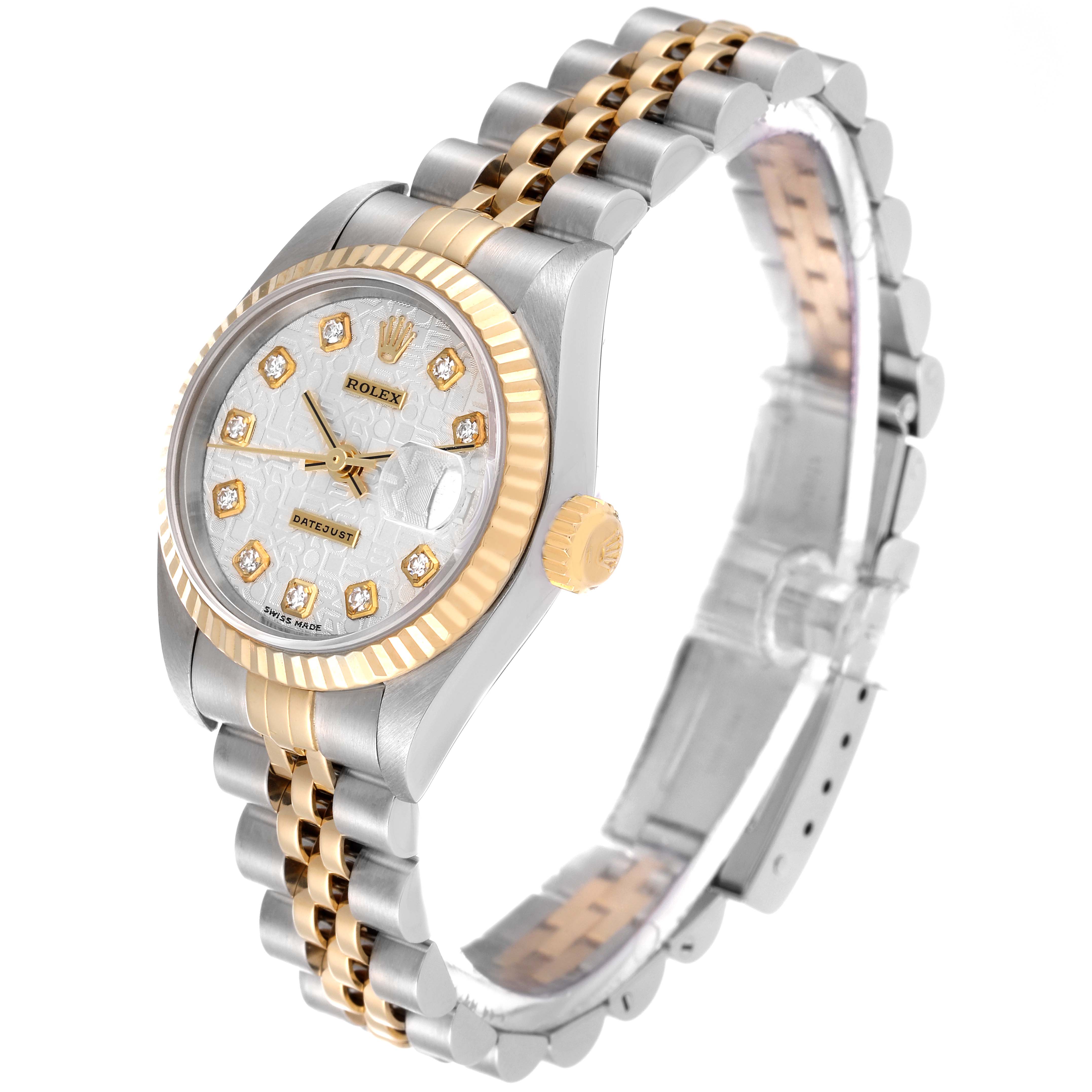 The Rolex Datejust 79173 Women's Steel and Gold (two tone) Silver Dial 79173 Women's Steel and Gold (two tone) Silver Dial watch shown is angled to display the dial, bezel, crown, and bracelet.