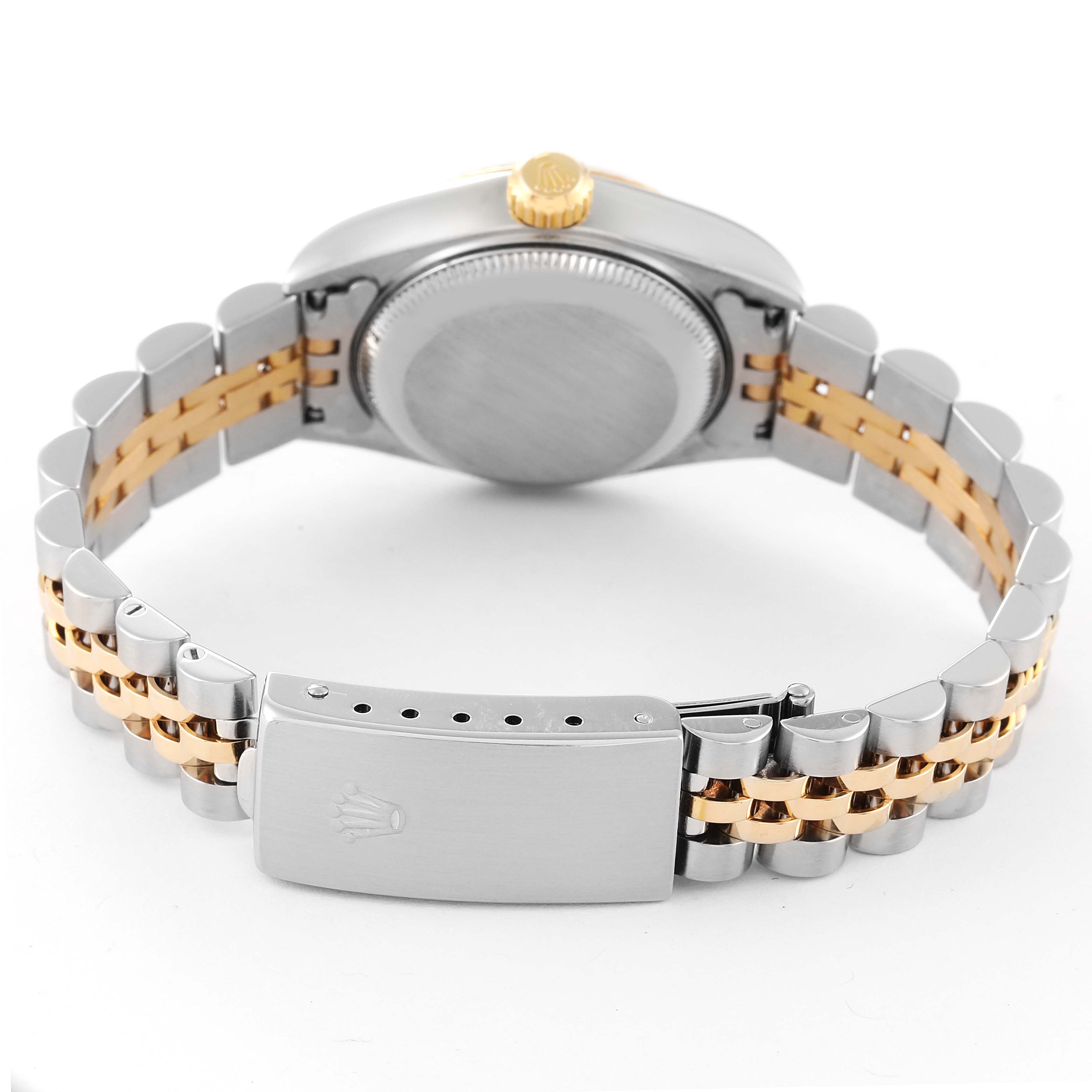 This image shows the back view of a Rolex Datejust 79173 Women's Steel and Gold (two tone) Silver Dial 79173 Women's Steel and Gold (two tone) Silver Dial watch, highlighting its stainless steel and gold bracelet, clasp, and case back.