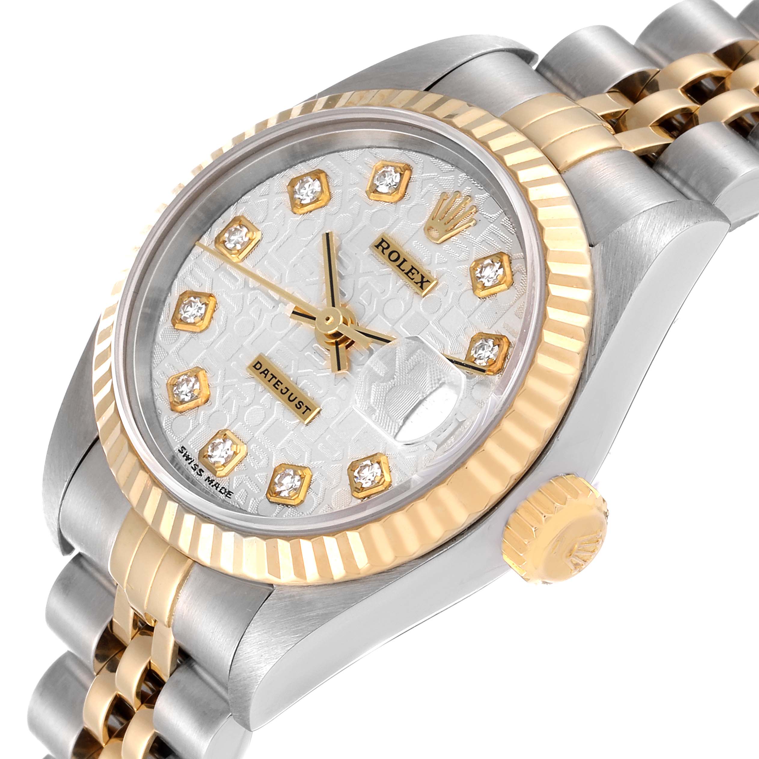 This is a close-up angle of the Rolex Datejust 79173 Women's Steel and Gold (two tone) Silver Dial 79173 Women's Steel and Gold (two tone) Silver Dial watch, showing the face, bezel, and part of the bracelet.