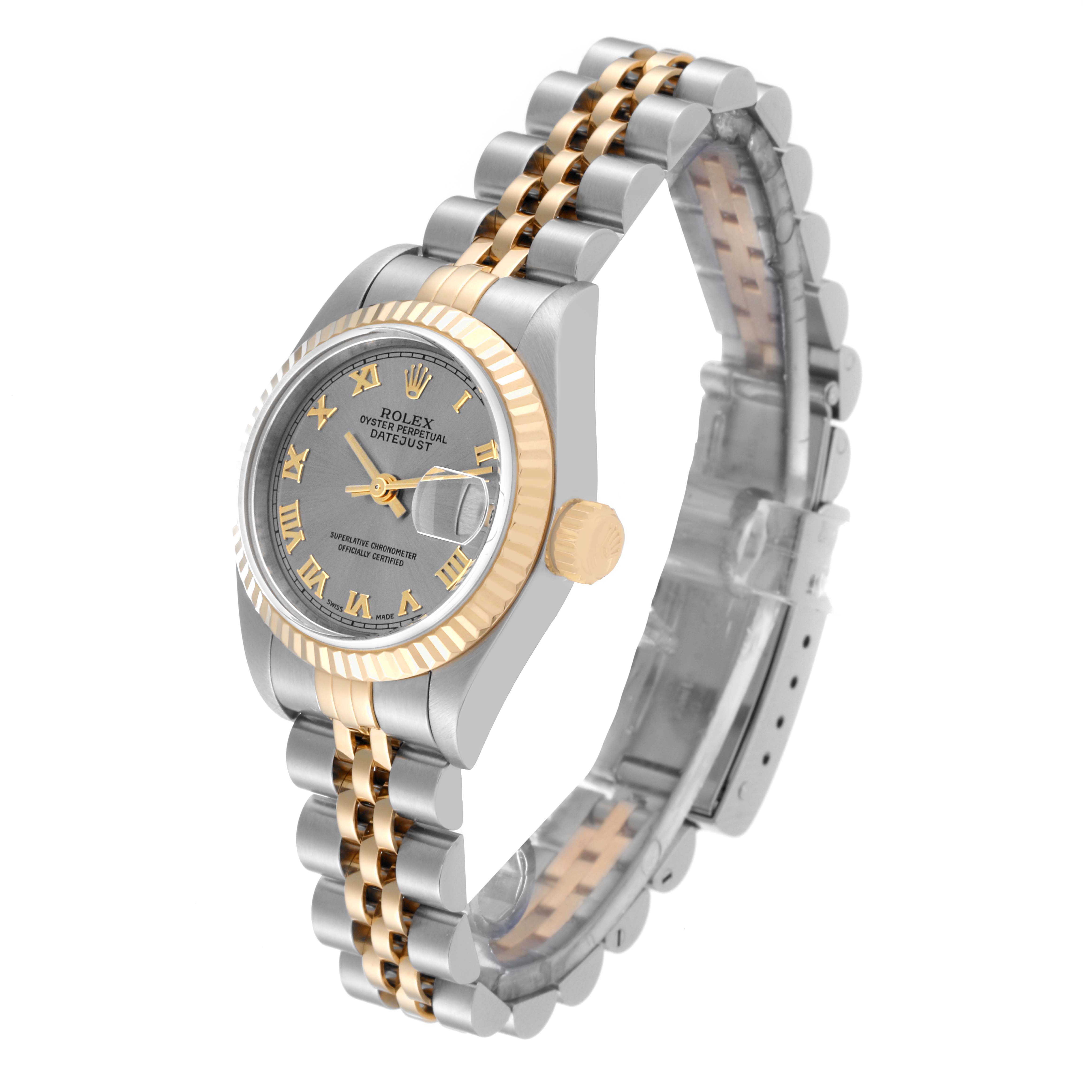 The image shows a side angle of a Rolex Datejust 79173 Women's Steel and Gold (two tone) Grey Dial 79173 Women's Steel and Gold (two tone) Grey Dial watch, highlighting its two-tone bracelet, fluted bezel, and gray dial.
