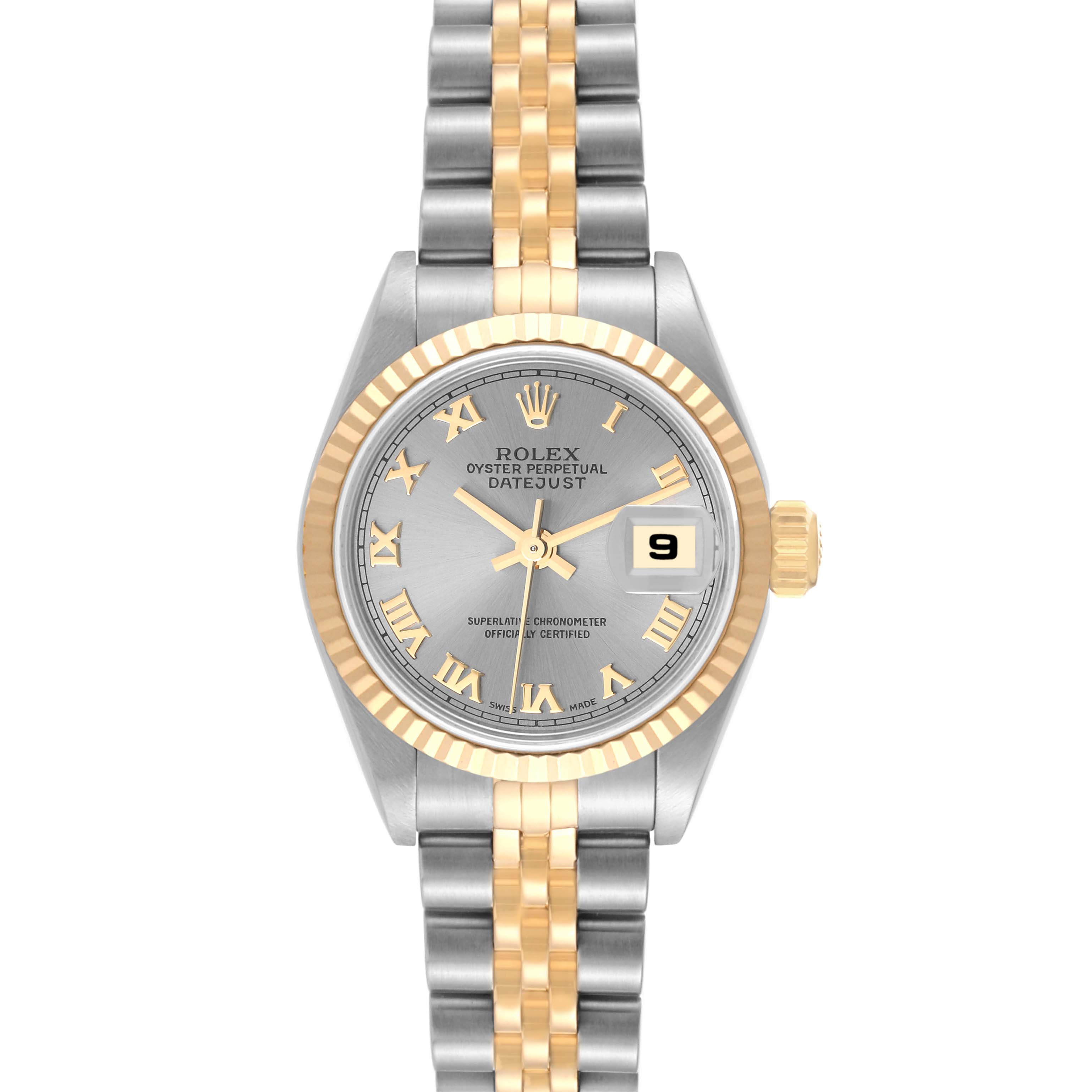 The Rolex Datejust 79173 Women's Steel and Gold (two tone) Grey Dial 79173 Women's Steel and Gold (two tone) Grey Dial watch is shown in a front angle, displaying the face, bezel, and bracelet.