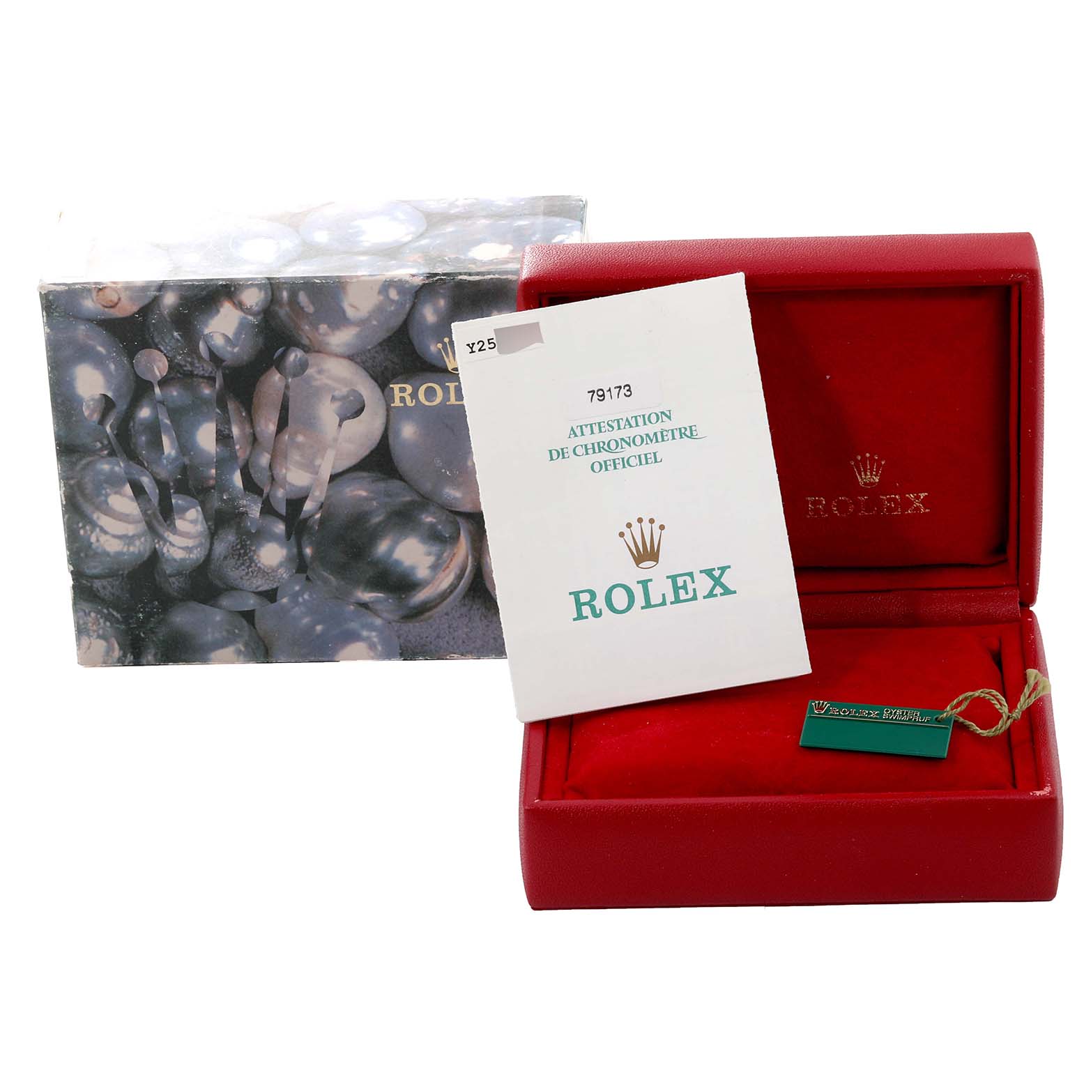 The image shows the packaging, documentation, and hangtag for a Rolex Datejust 79173 Women's Steel and Gold (two tone) Grey Dial 79173 Women's Steel and Gold (two tone) Grey Dial model watch.