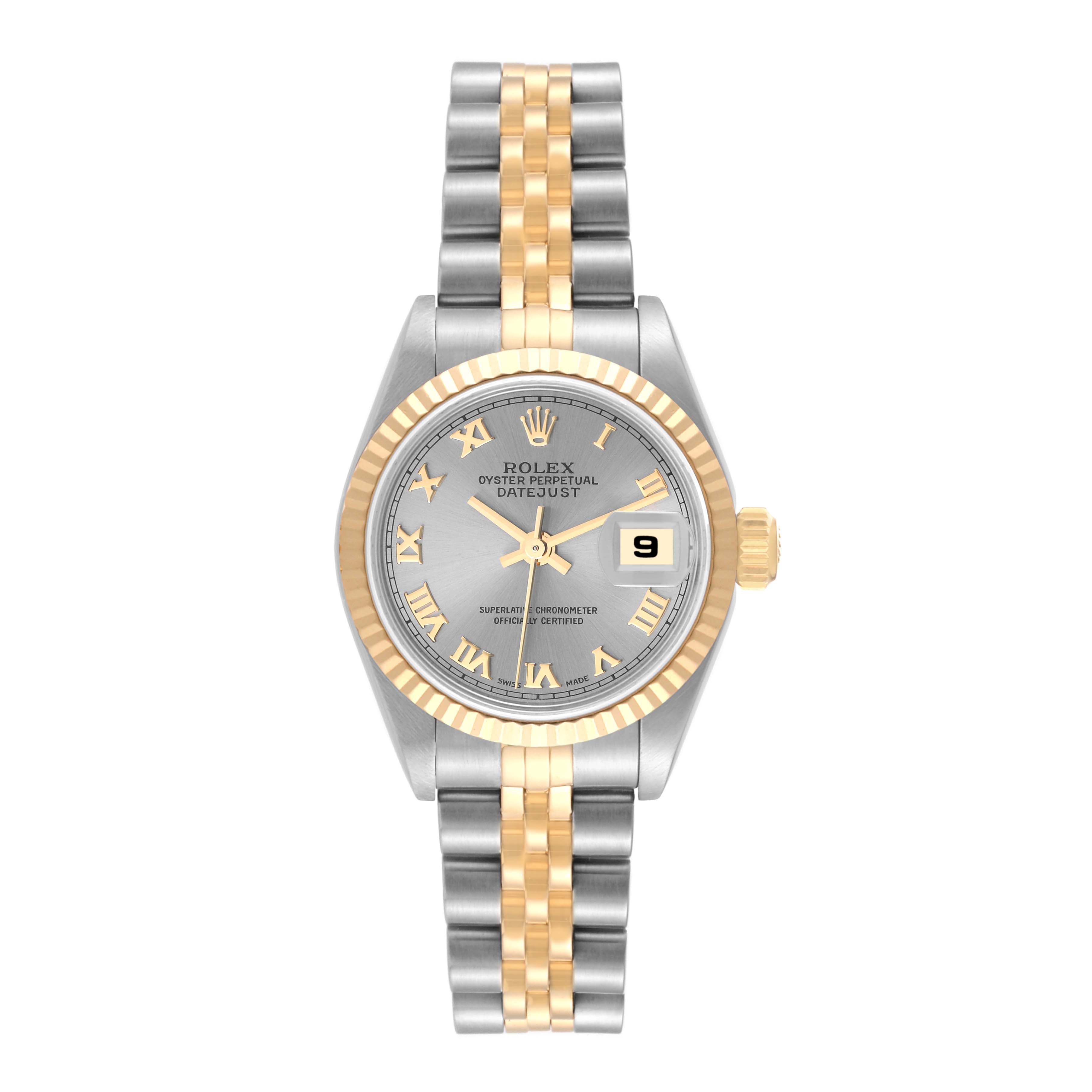 This image shows a frontal view of a Rolex Datejust 79173 Women's Steel and Gold (two tone) Grey Dial 79173 Women's Steel and Gold (two tone) Grey Dial watch, highlighting its dial, two-tone bracelet, bezel, and date window.