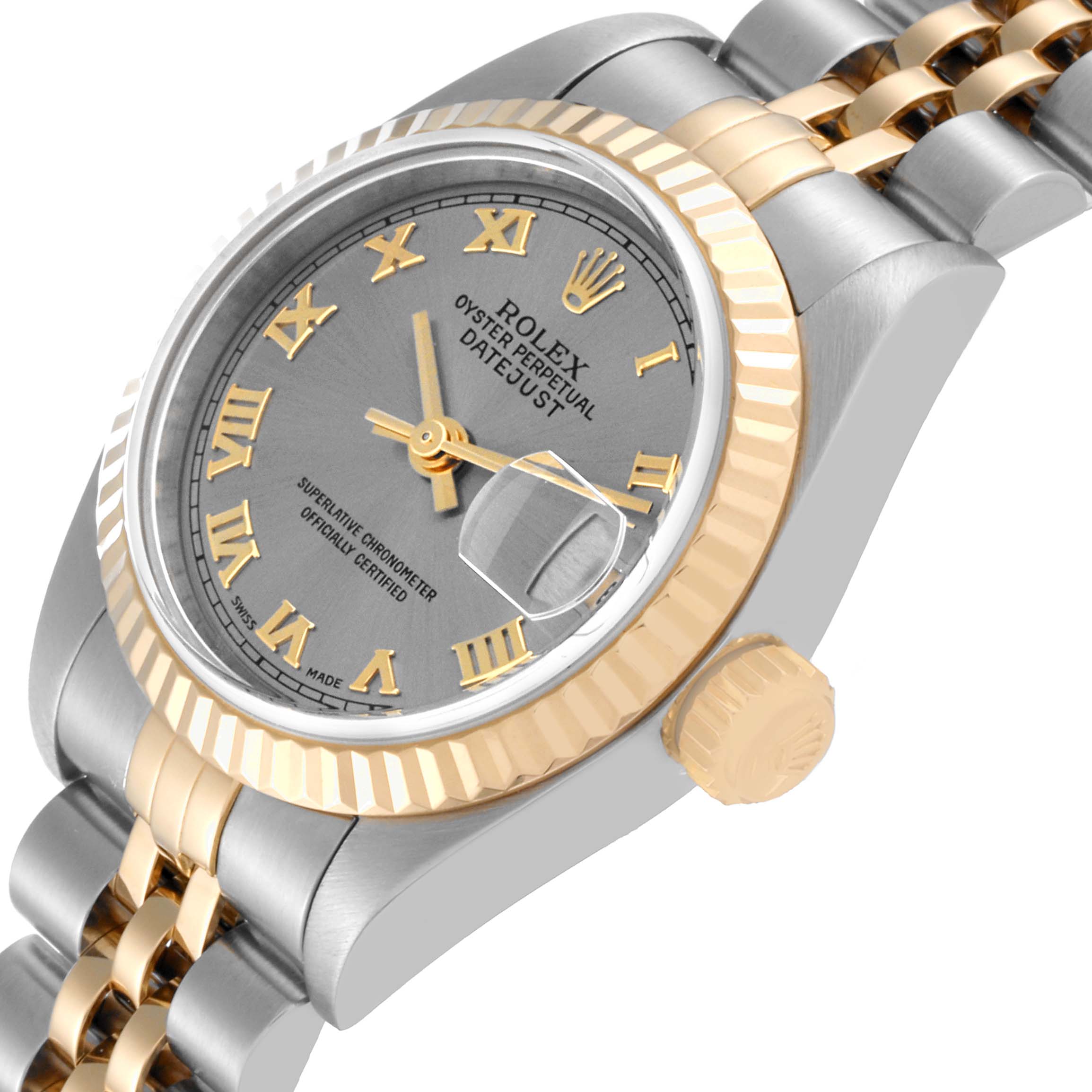 The image shows a Rolex Datejust 79173 Women's Steel and Gold (two tone) Grey Dial 79173 Women's Steel and Gold (two tone) Grey Dial watch at an angled close-up, displaying the face, fluted bezel, crown, and part of the bracelet.