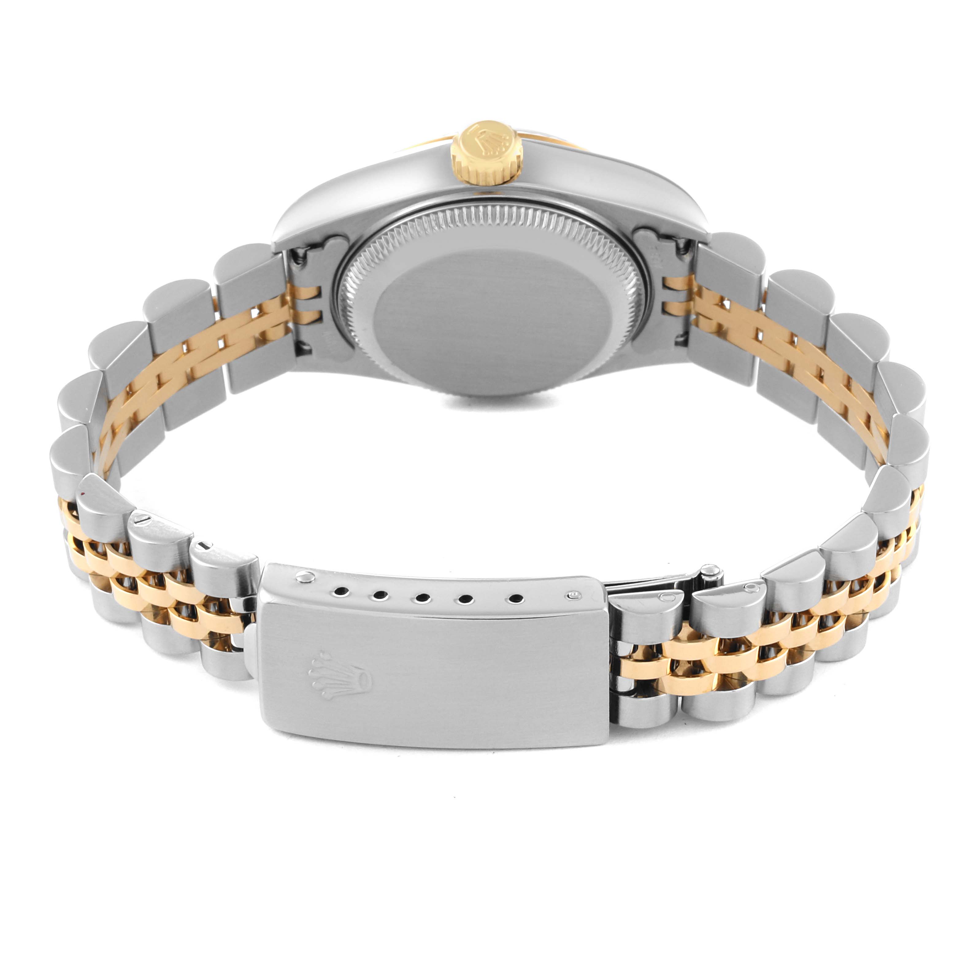 The image shows the back view of a Rolex Datejust 79173 Women's Steel and Gold (two tone) Grey Dial 79173 Women's Steel and Gold (two tone) Grey Dial watch, featuring its case back, crown, and two-tone bracelet.