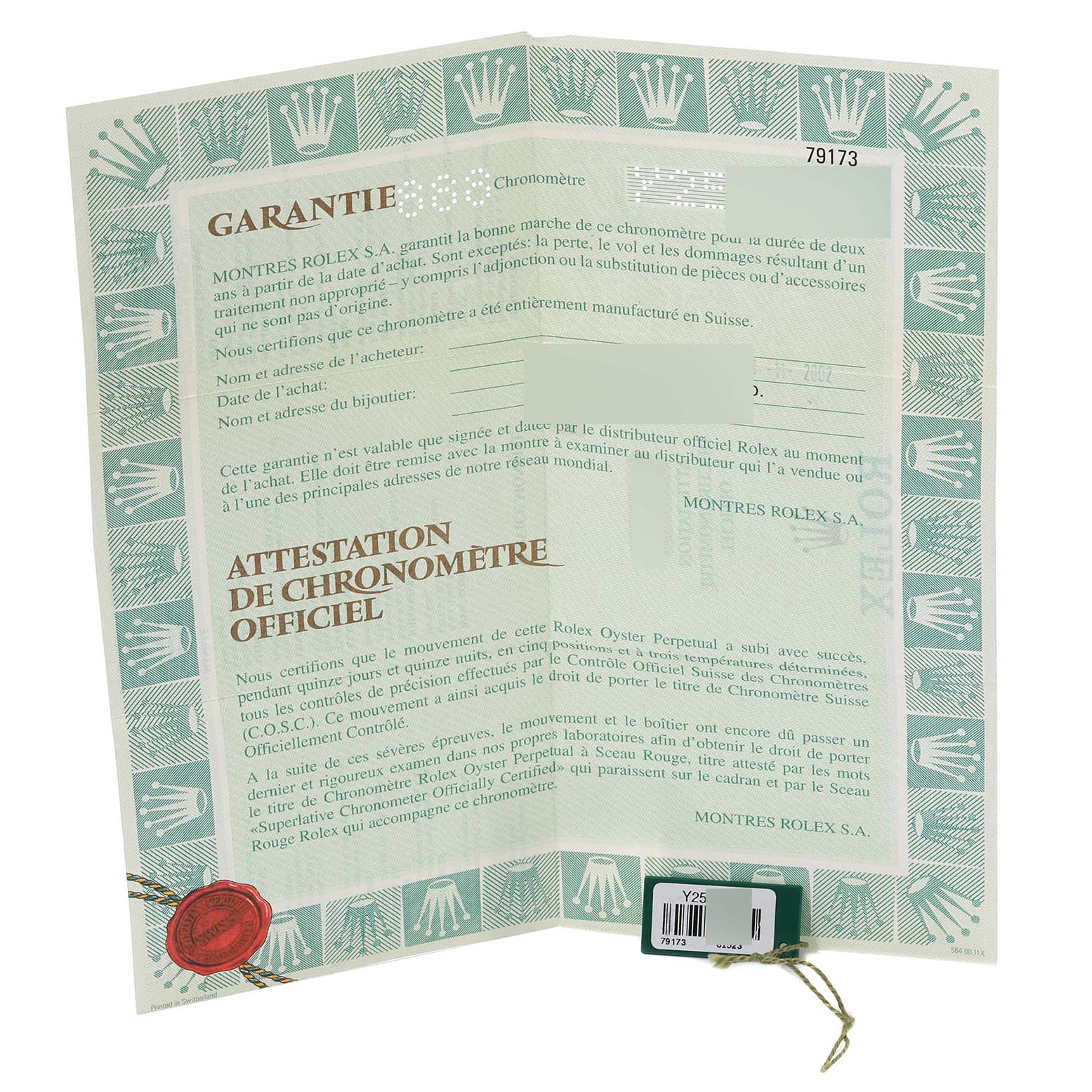 This image shows the open warranty and official chronometer certification paper for a Rolex Datejust 79173 Women's Steel and Gold (two tone) Grey Dial 79173 Women's Steel and Gold (two tone) Grey Dial model.