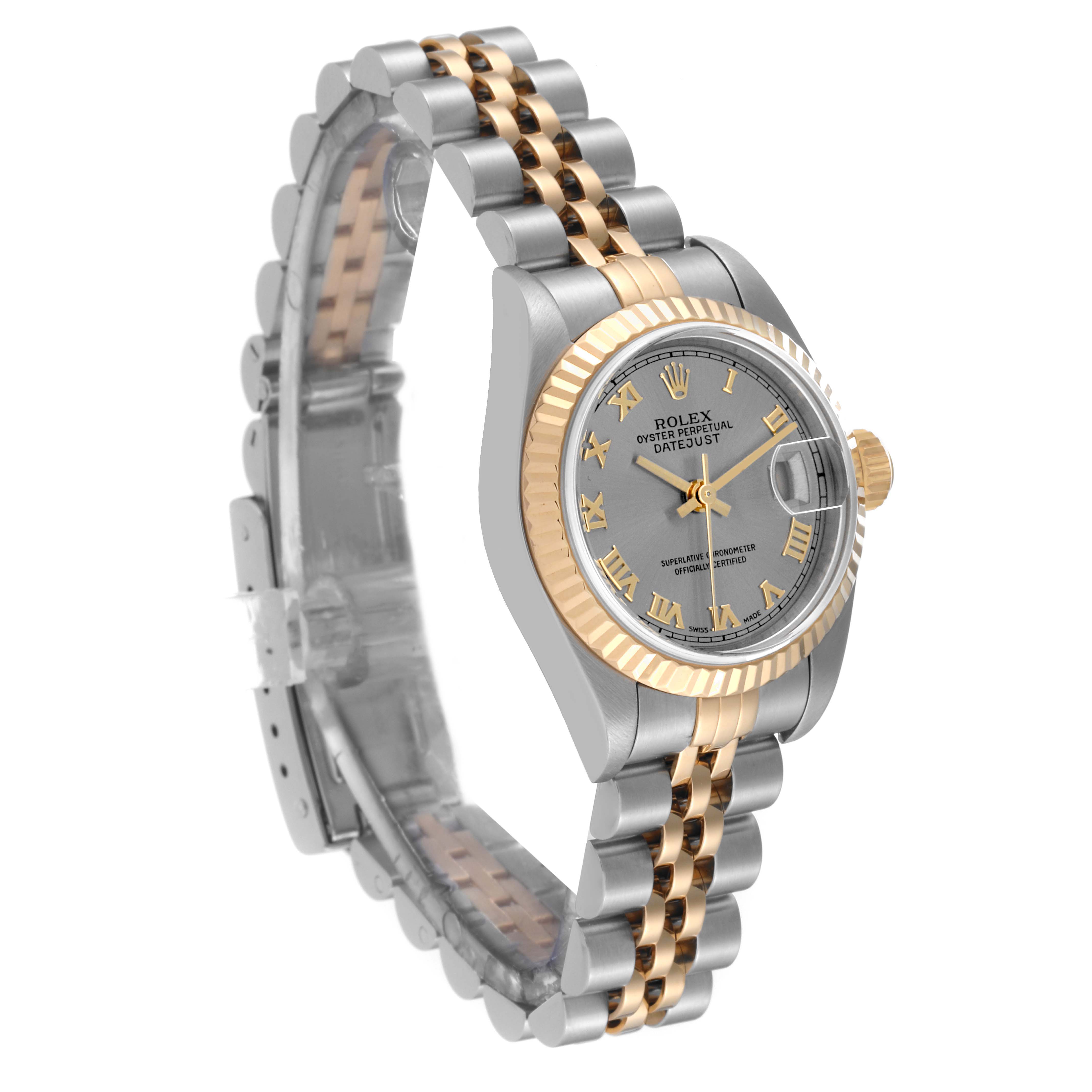 The Rolex Datejust 79173 Women's Steel and Gold (two tone) Grey Dial 79173 Women's Steel and Gold (two tone) Grey Dial watch is shown at an angled view highlighting its two-tone bracelet, grey dial, gold Roman numerals, and fluted bezel.
