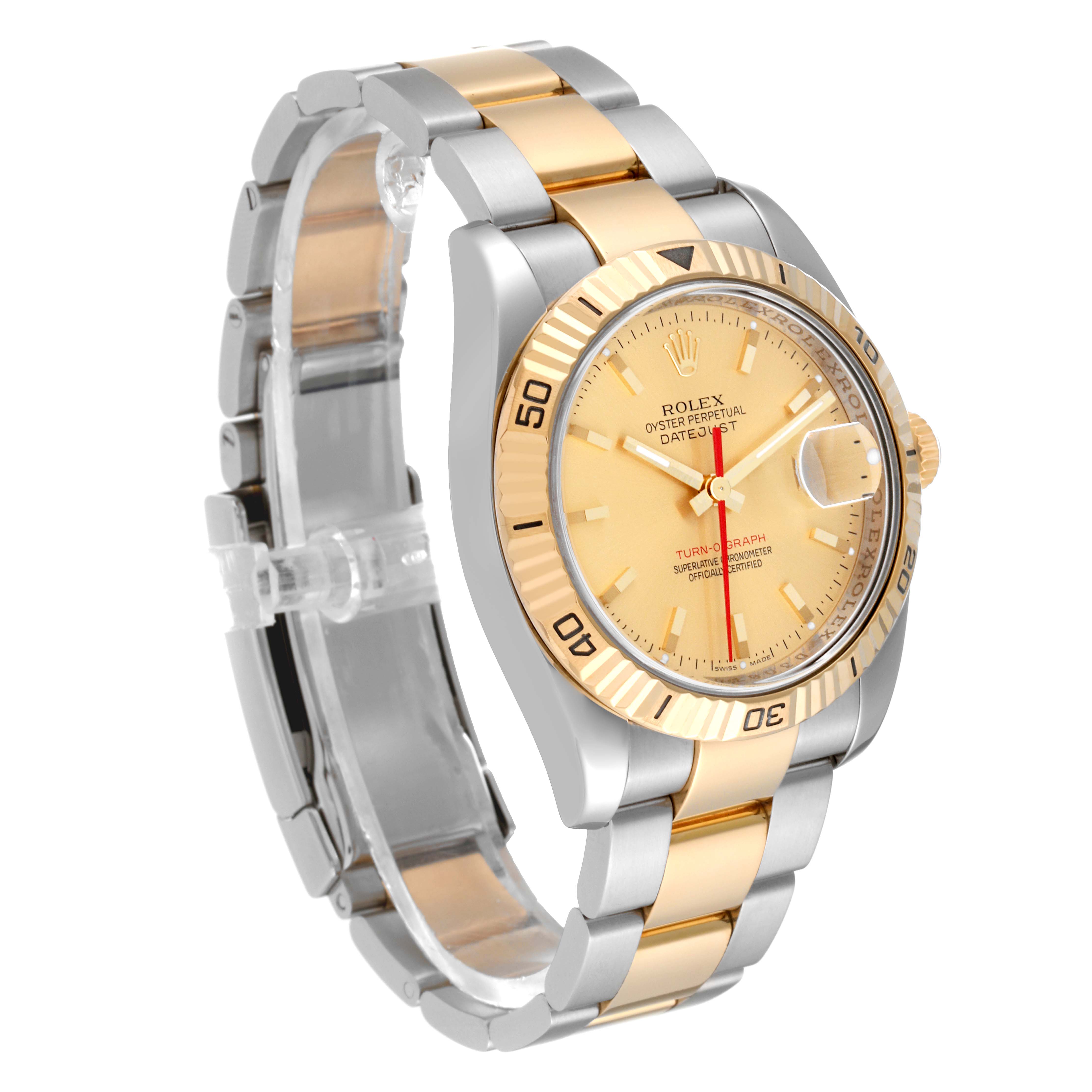 The image shows a side-angle view of the Rolex Turn-o-Graph 116263 Men's Steel and Gold (two tone) Champagne Dial 116263 Men's Steel and Gold (two tone) Champagne Dial, highlighting its gold and silver bracelet and the bezel with a gold dial.