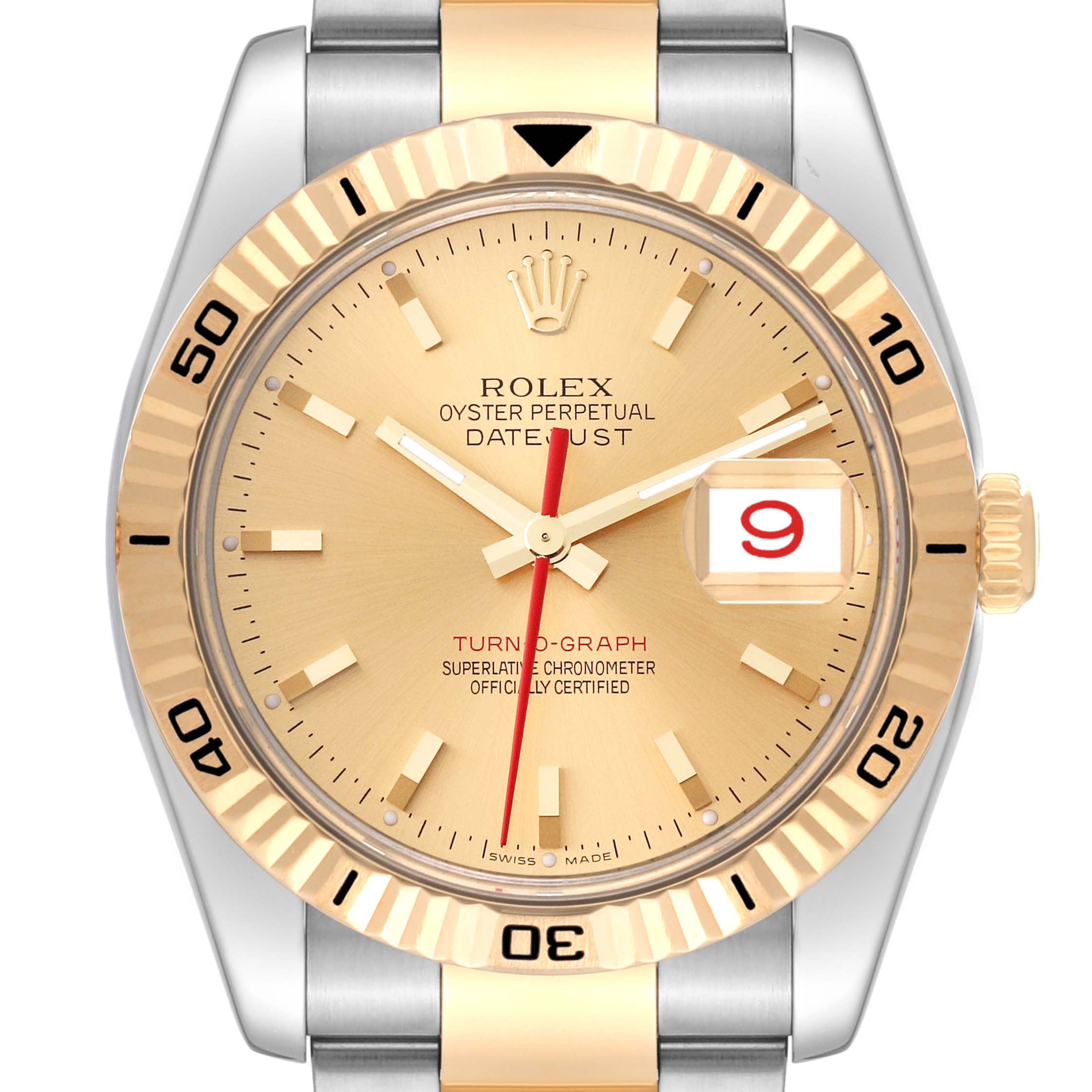 The image shows a front view of a Rolex Turn-o-Graph 116263 Men's Steel and Gold (two tone) Champagne Dial 116263 Men's Steel and Gold (two tone) Champagne Dial watch, highlighting its gold dial, date display, and bezel.