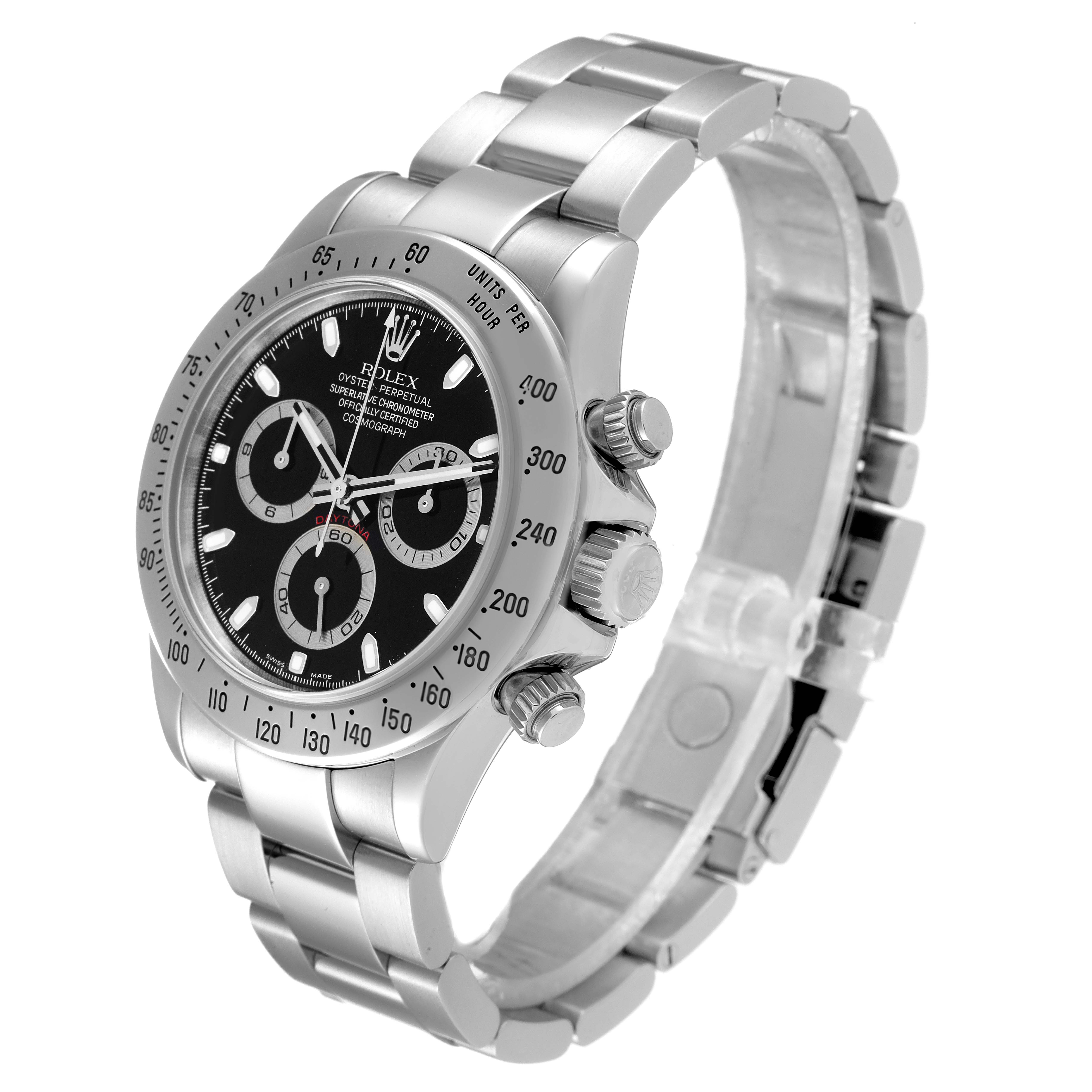The image shows a side and front angle of a Rolex Daytona 116520 Men's Stainless Steel Black Dial 116520 Men's Stainless Steel Black Dial watch, highlighting its black dial, bezel, buttons, and metal bracelet.